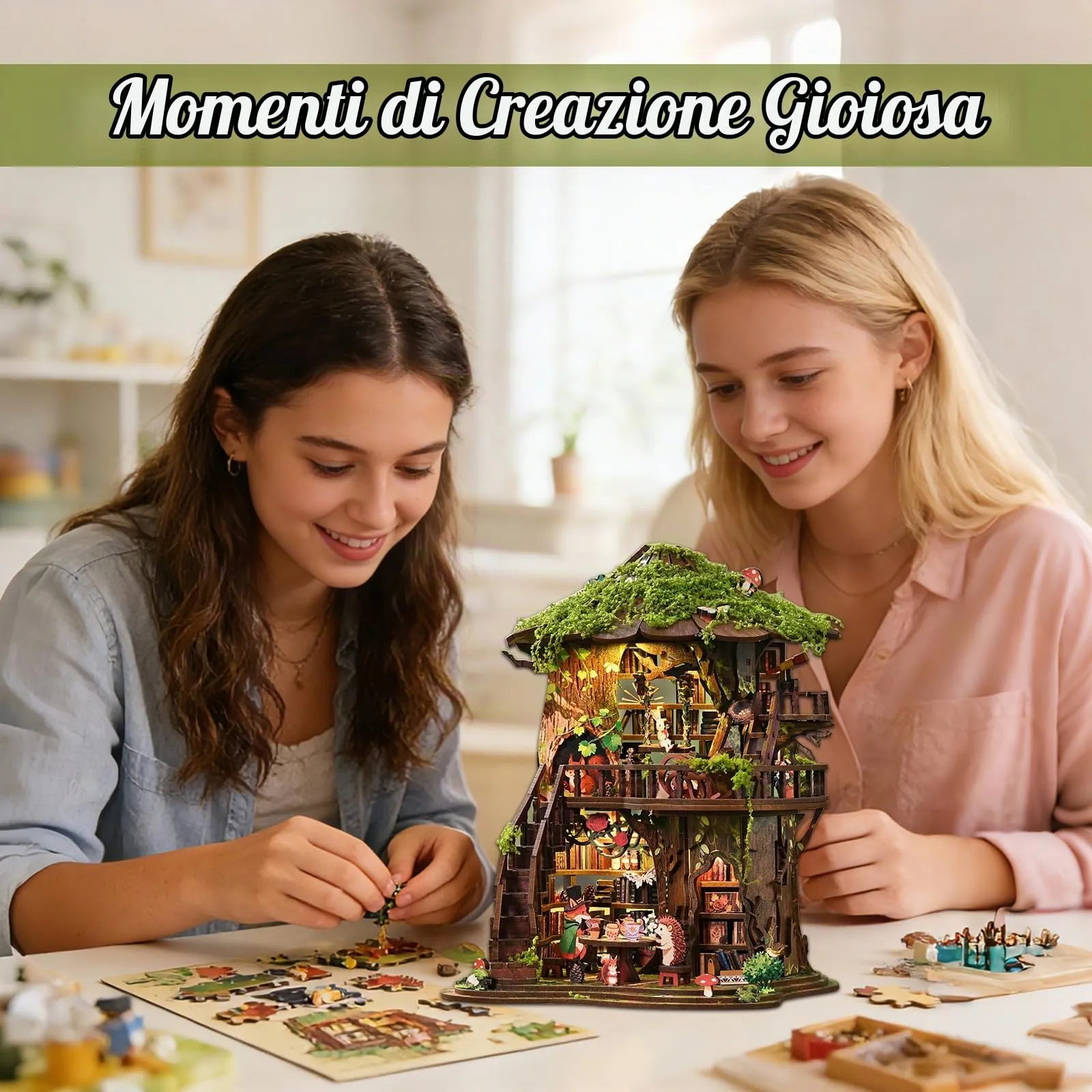 BATTREVO Book Nook Forest Tea - Fermalibri in legno e puzzle 3D con luce LED - immagine 6