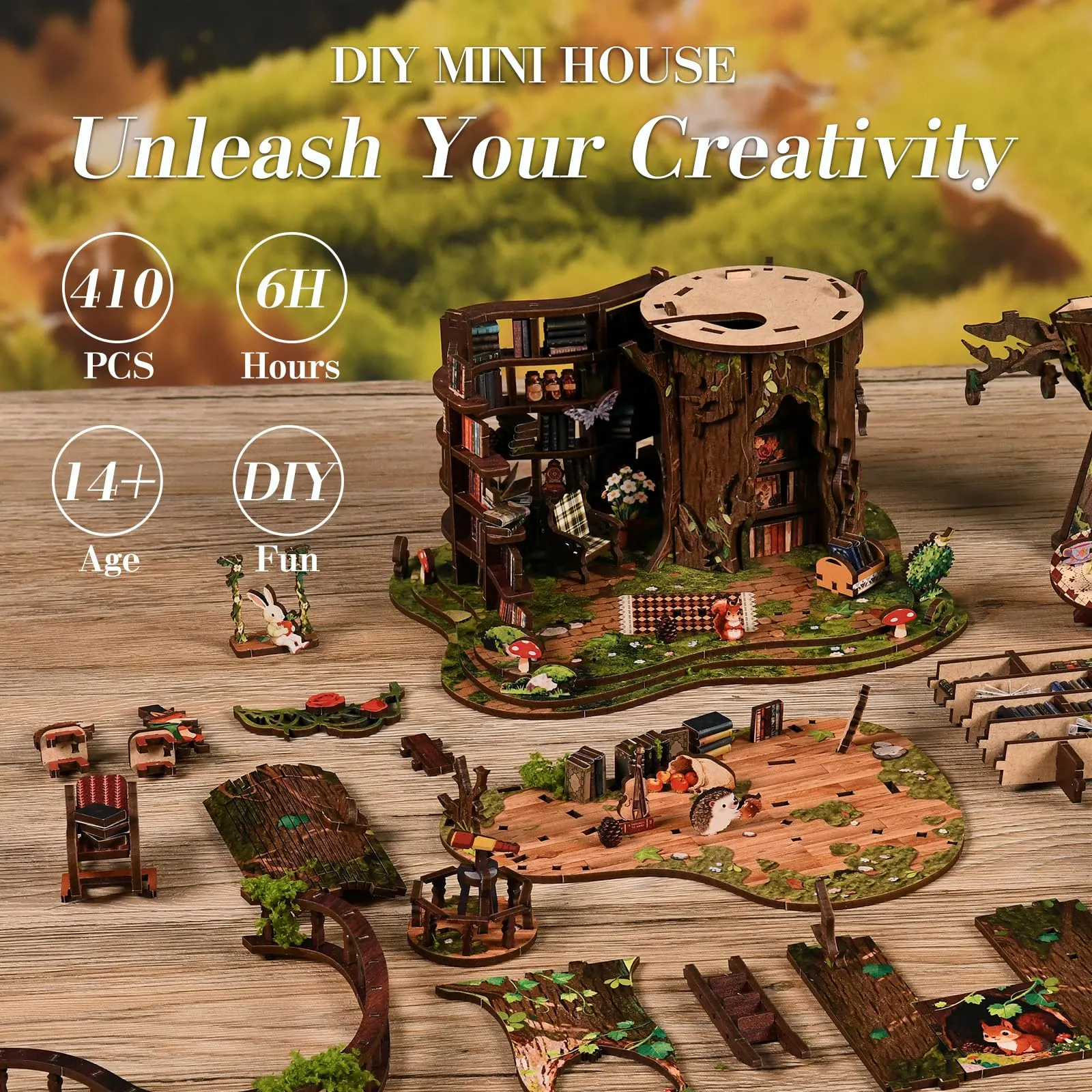 BATTREVO Book Nook Forest Tea - Fermalibri in legno e puzzle 3D con luce LED - immagine 7