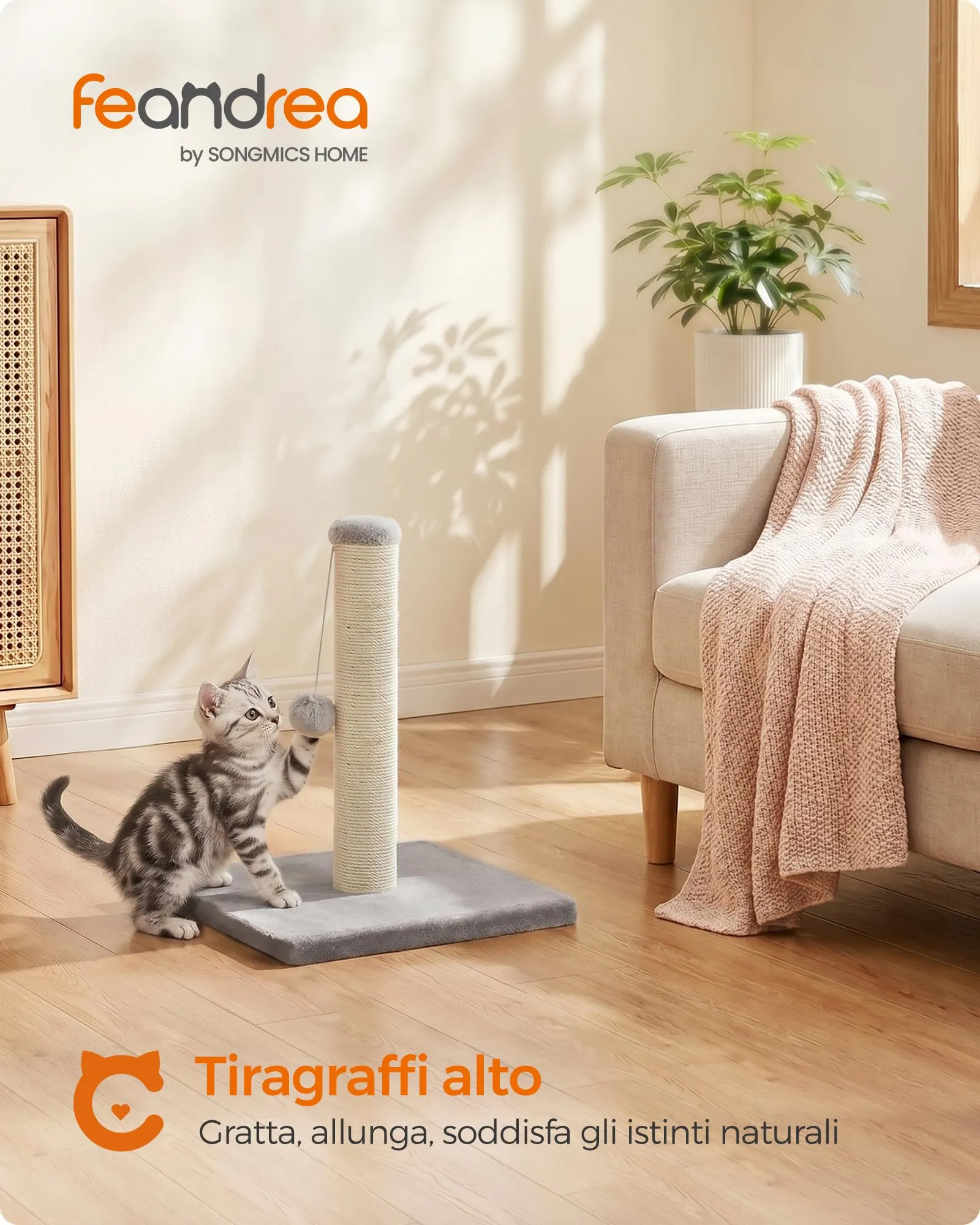 Feandrea Tiragraffi per Gatti in Sisal Naturale, 40 x 40 x 44 cm, Grigio Tortora - immagine 3