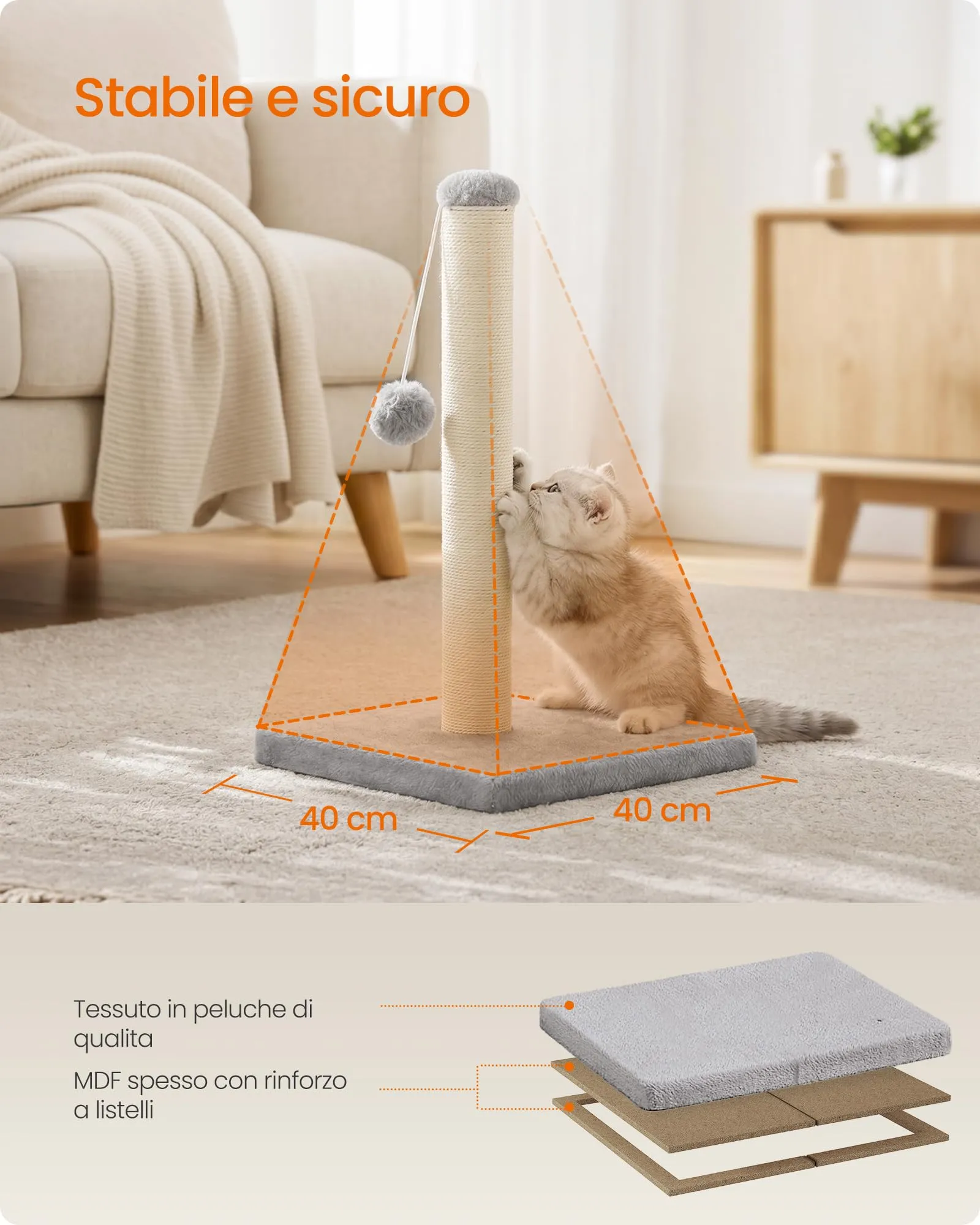 Feandrea Tiragraffi per Gatti in Sisal Naturale, 40 x 40 x 44 cm, Grigio Tortora - immagine 4