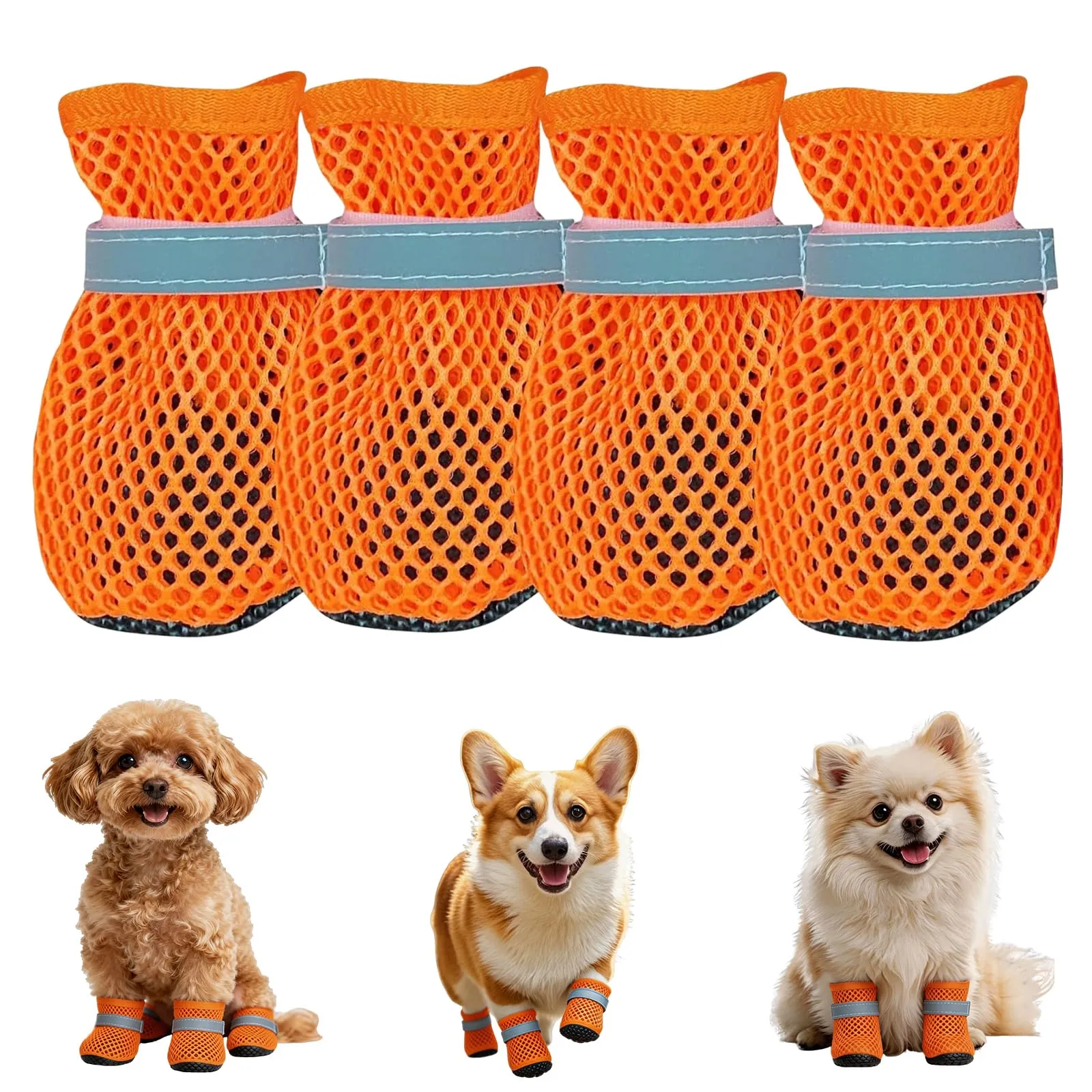 LCCGZ Scarpe Estive per Cani, Stivali Traspiranti Antiscivolo con Cinghie Riflettenti, 4 Pezzi (Orange, M) - immagine 1