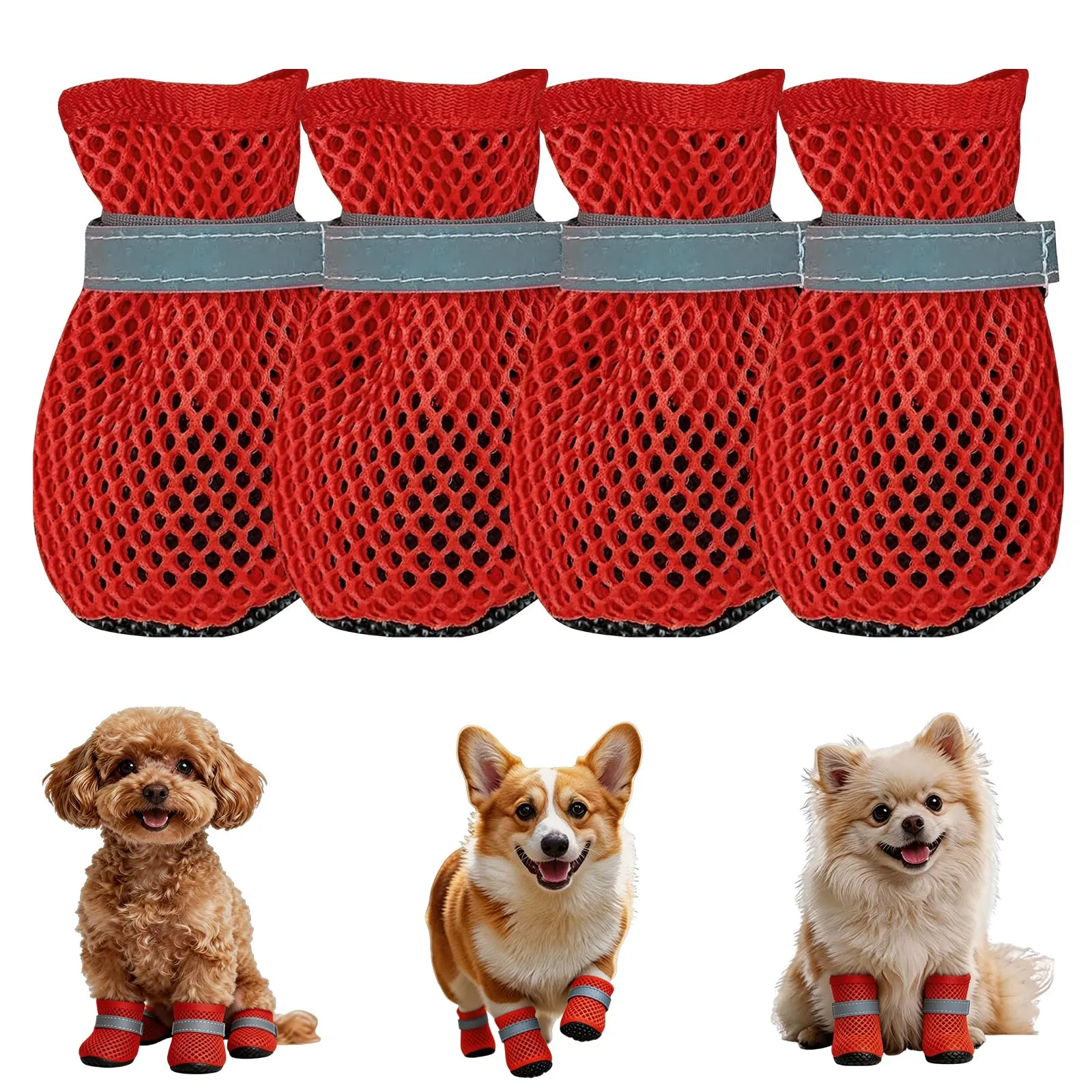 LCCGZ Scarpe Estive per Cani, Traspiranti e Antiscivolo con Cinghie Riflettenti, 4 Pezzi (Red, M) - immagine 1