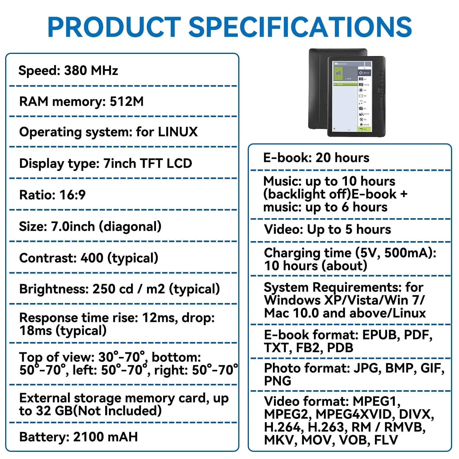 Mimdixy BK7019 Lettore di ebook 7 pollici LCD TFT, ARM9 Core 512 MB RAM, Memoria 8G - immagine 3