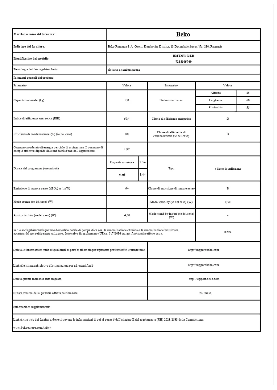 Beko BMTMW73EB Asciugatrice 7 kg Slim Classe D Bianco - immagine 9
