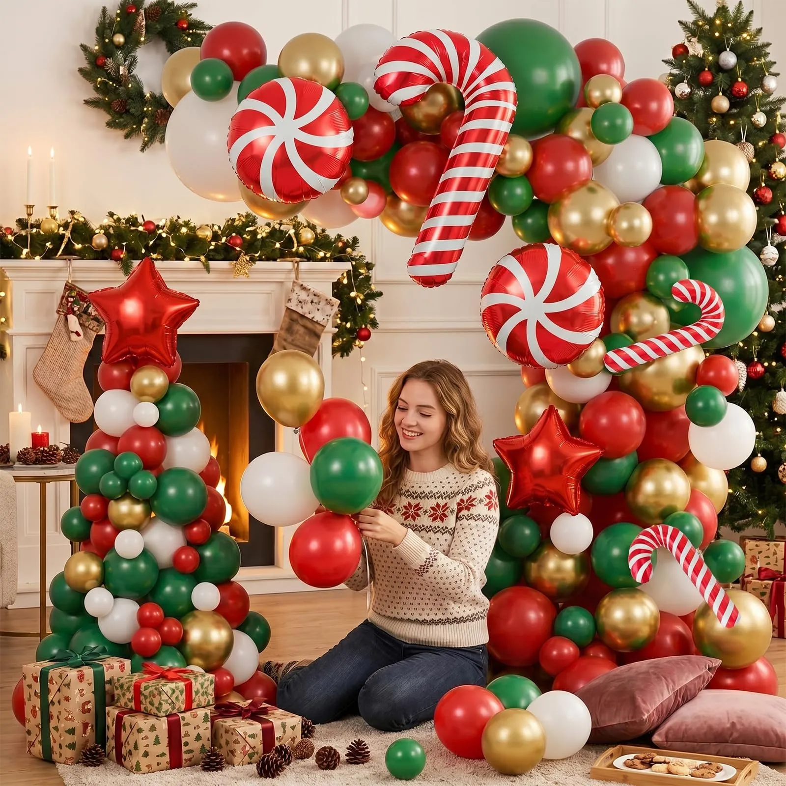 Balloon Garland Kit Arco Palloncini Natalizi, 116 Pezzi, Rosso Verde Oro, con Palloncini Foil Bastoncino di Zucchero e Stella - immagine 2