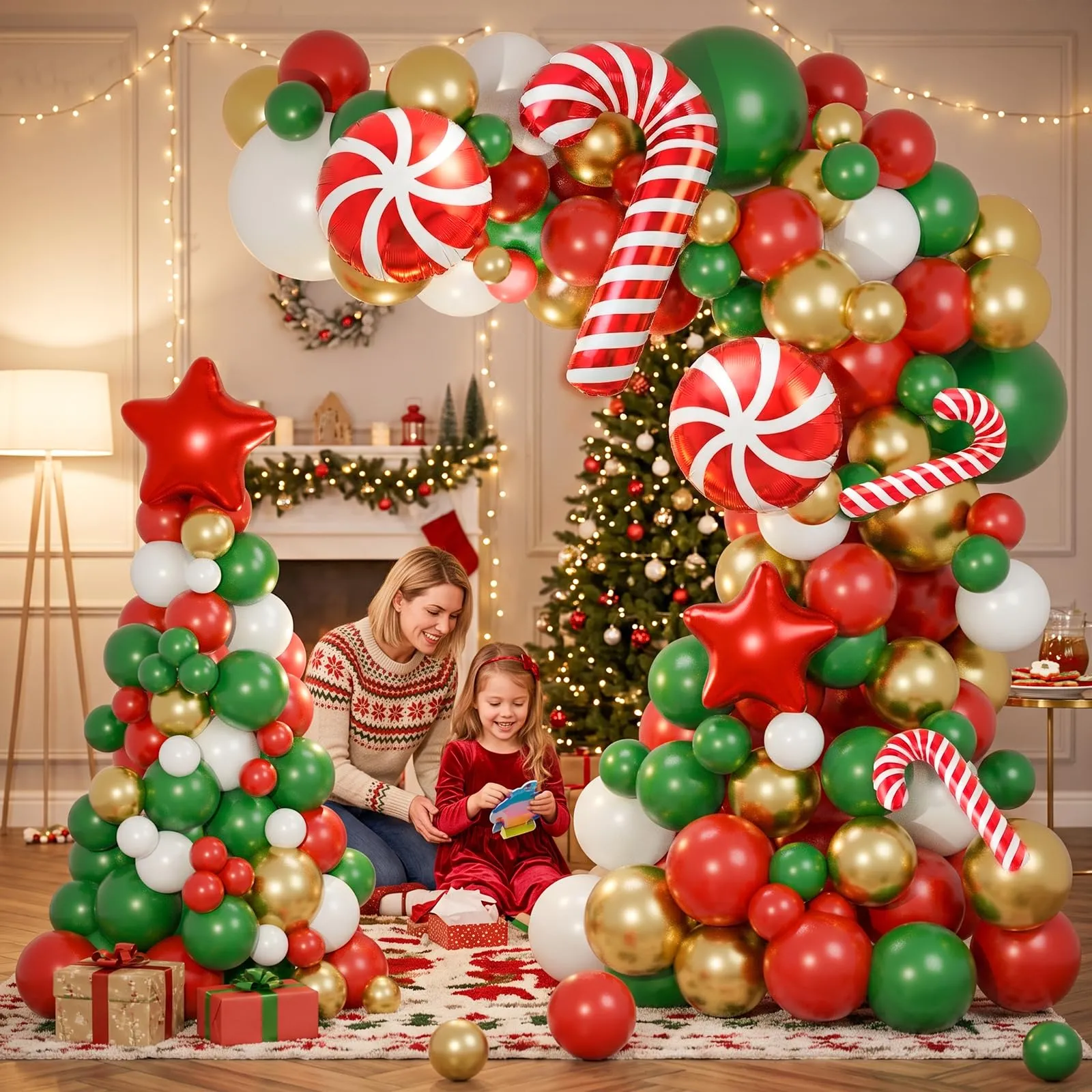 Balloon Garland Kit Arco Palloncini Natalizi, 116 Pezzi, Rosso Verde Oro, con Palloncini Foil Bastoncino di Zucchero e Stella - immagine 6