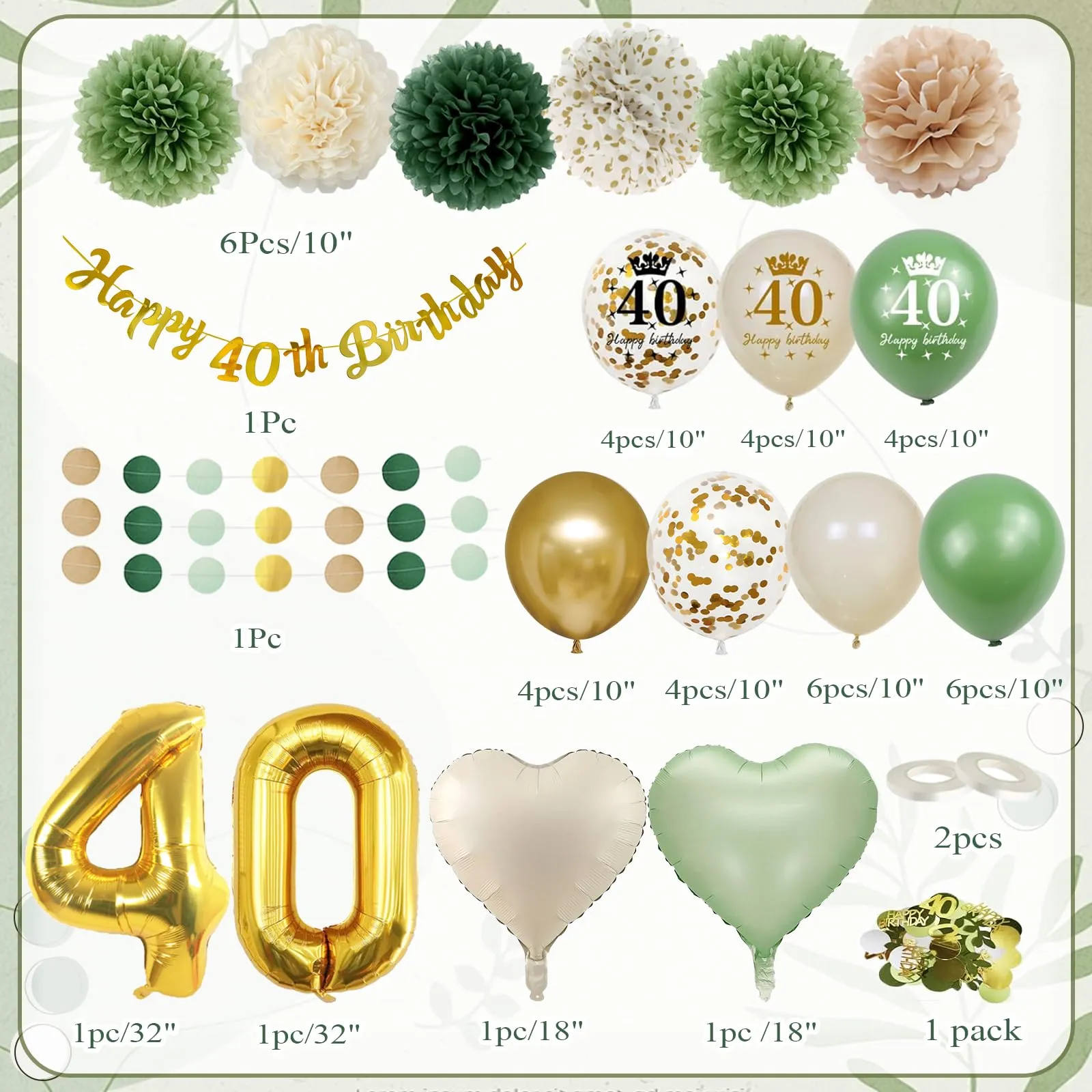 Almaxi Set Decorazioni 40 Anni Compleanno Oro Verde Salvia, Bianco e Avocado con Palloncini, Striscione e Pompon - immagine 2