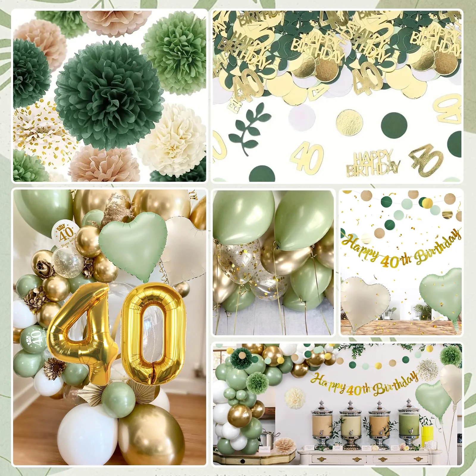 Almaxi Set Decorazioni 40 Anni Compleanno Oro Verde Salvia, Bianco e Avocado con Palloncini, Striscione e Pompon - immagine 3