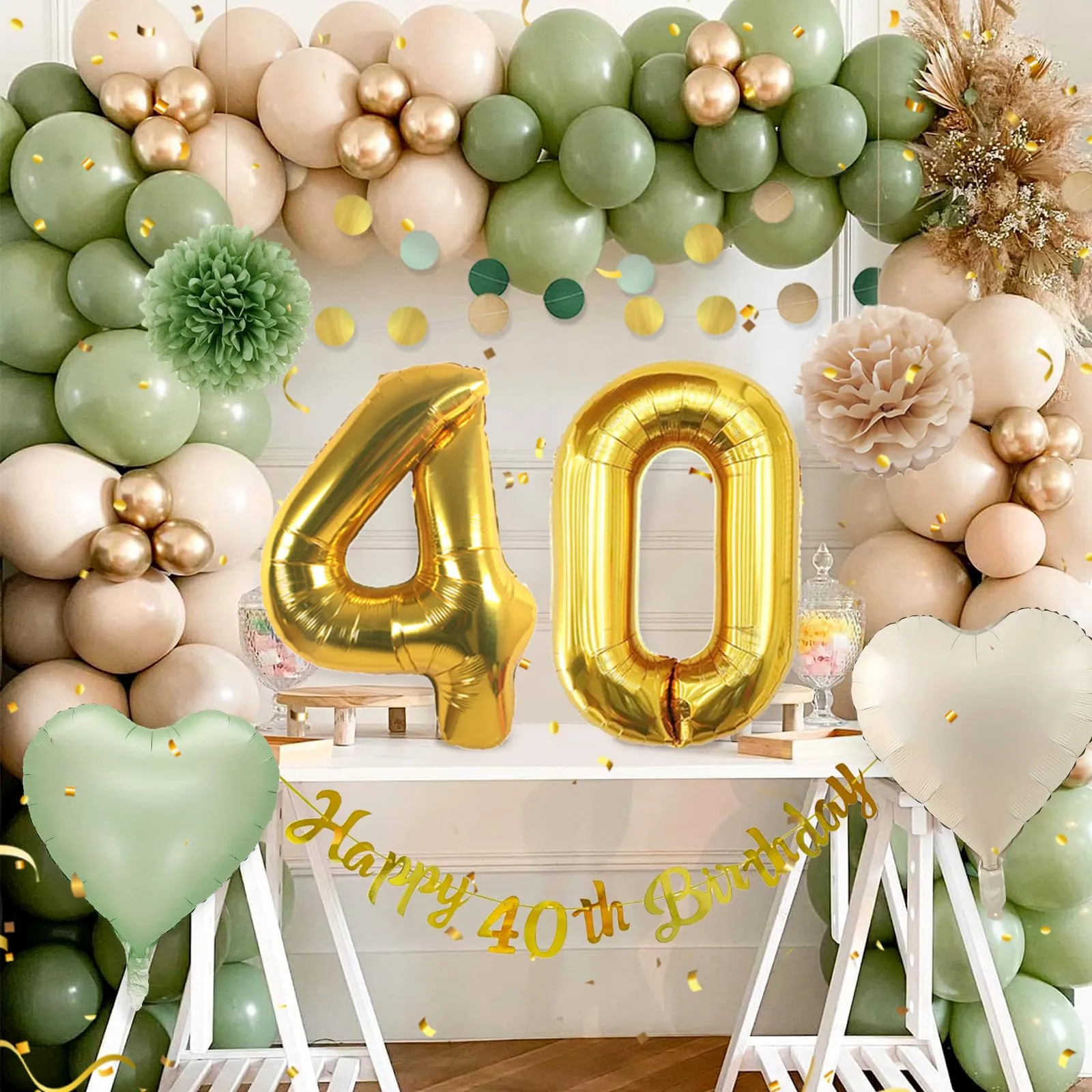 Almaxi Set Decorazioni 40 Anni Compleanno Oro Verde Salvia, Bianco e Avocado con Palloncini, Striscione e Pompon - immagine 5