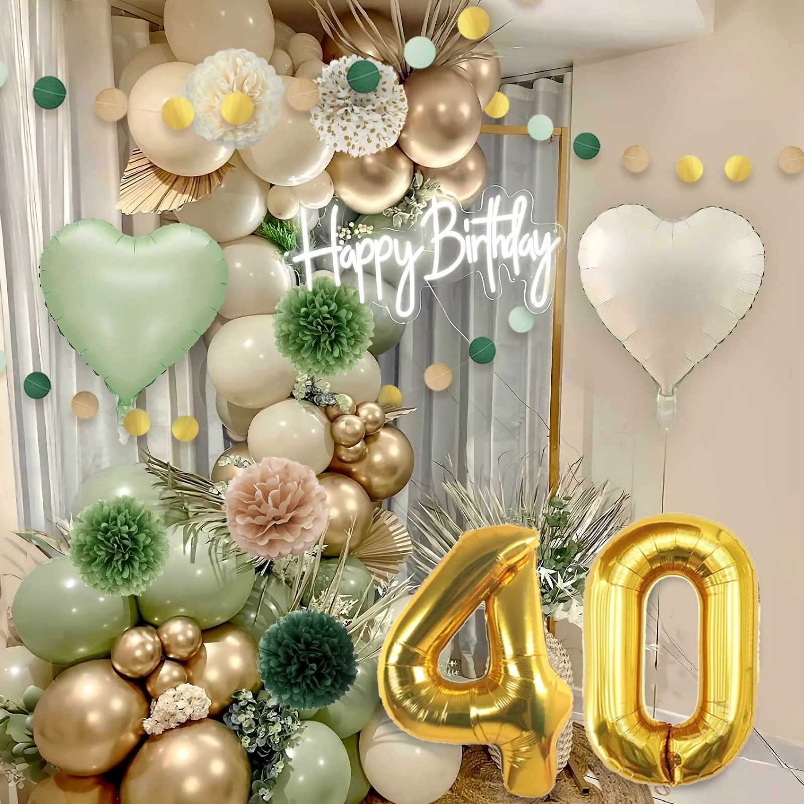 Almaxi Set Decorazioni 40 Anni Compleanno Oro Verde Salvia, Bianco e Avocado con Palloncini, Striscione e Pompon - immagine 6