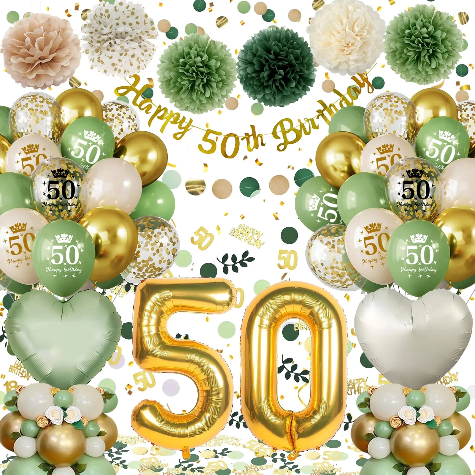 Almaxi Set Decorazioni 50 Anni Compleanno, Palloncini Oro e Verde Salvia per Donna e Uomo - immagine 1