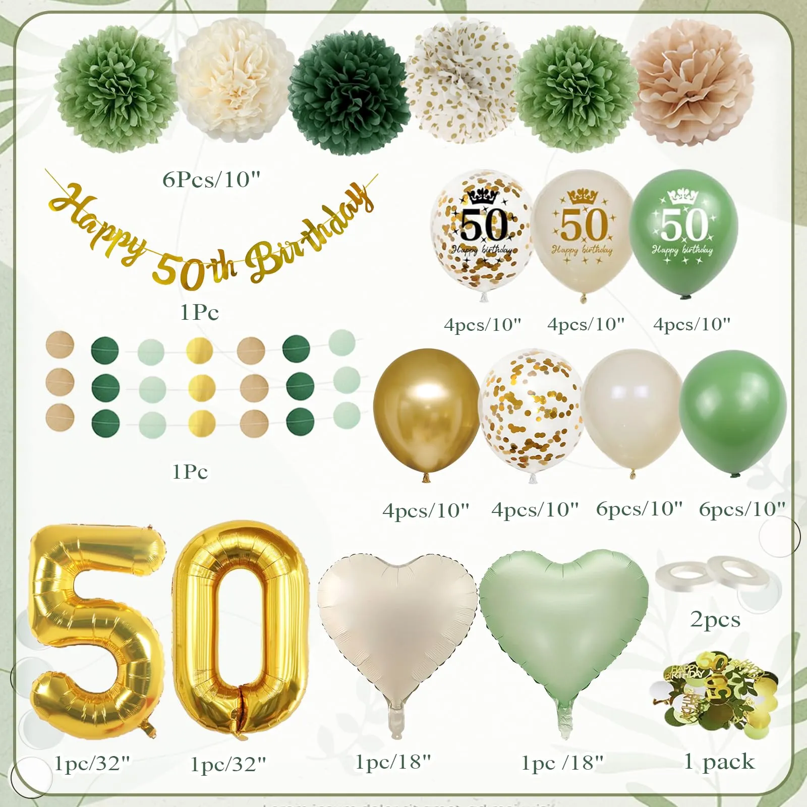 Almaxi Set Decorazioni 50 Anni Compleanno, Palloncini Oro e Verde Salvia per Donna e Uomo - immagine 2