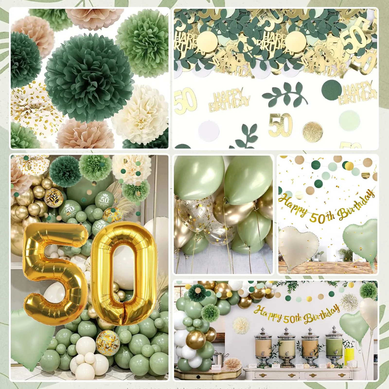 Almaxi Set Decorazioni 50 Anni Compleanno, Palloncini Oro e Verde Salvia per Donna e Uomo - immagine 3