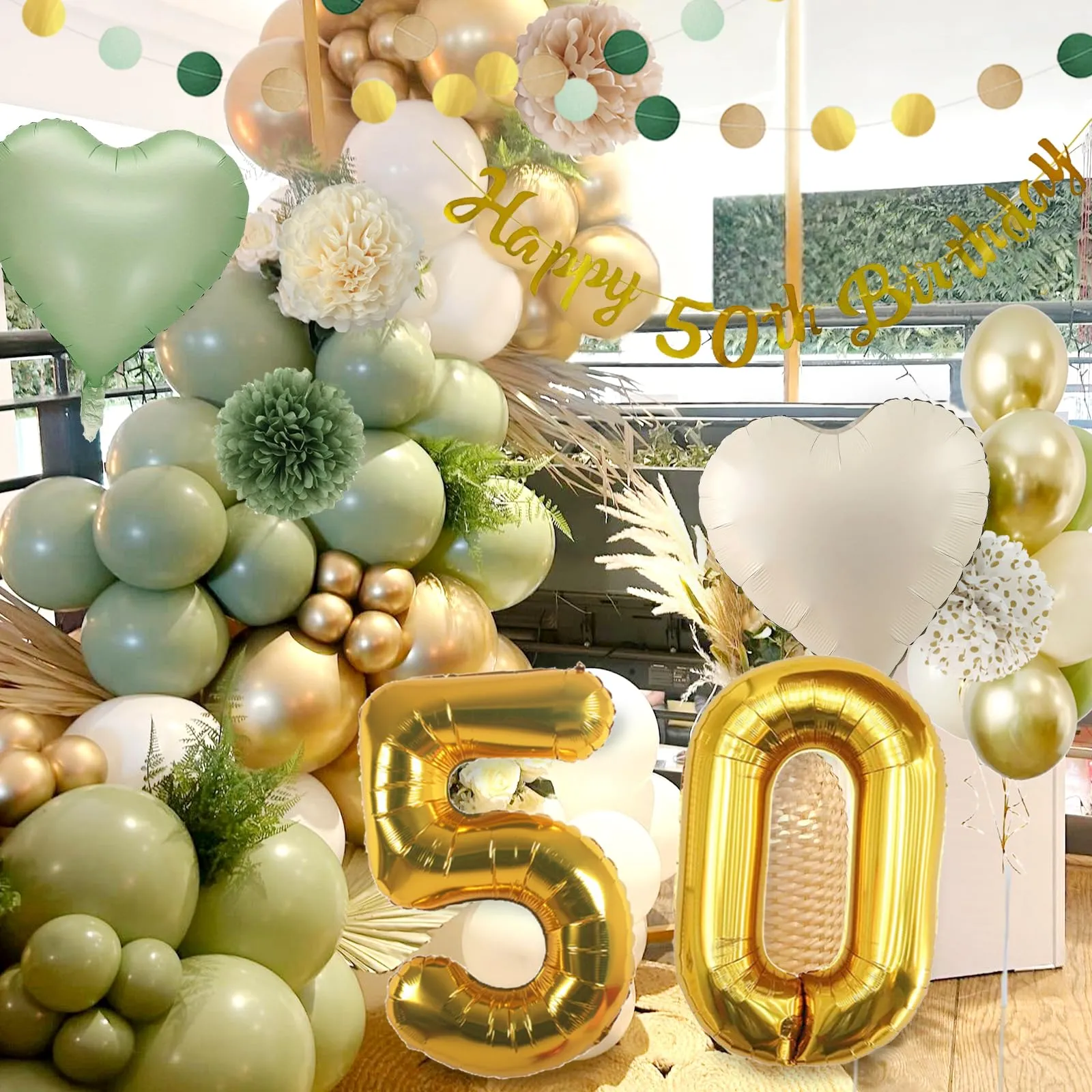 Almaxi Set Decorazioni 50 Anni Compleanno, Palloncini Oro e Verde Salvia per Donna e Uomo - immagine 5
