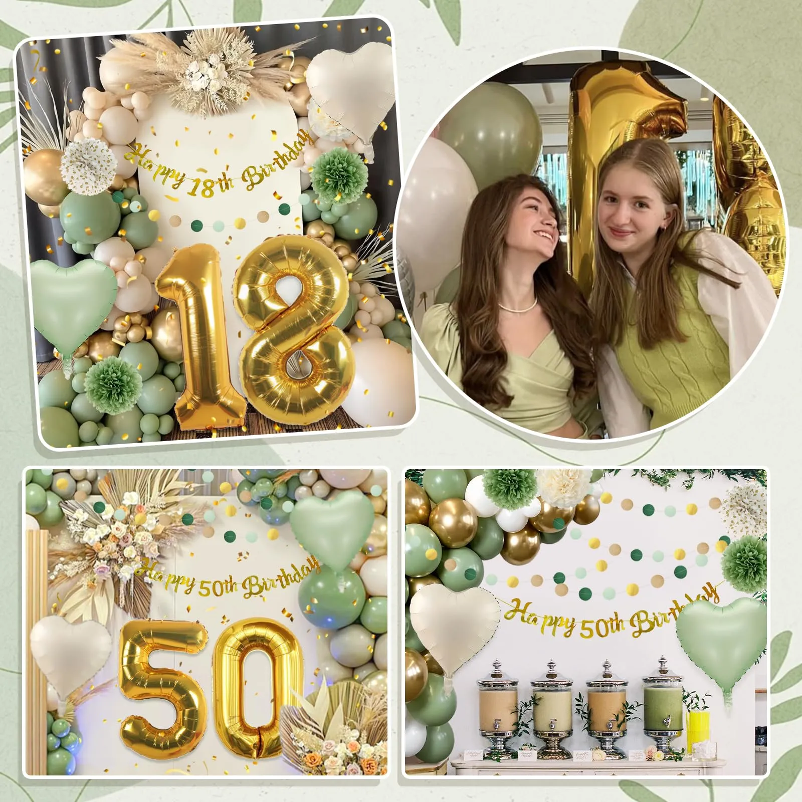Almaxi Set Decorazioni 50 Anni Compleanno, Palloncini Oro e Verde Salvia per Donna e Uomo - immagine 6