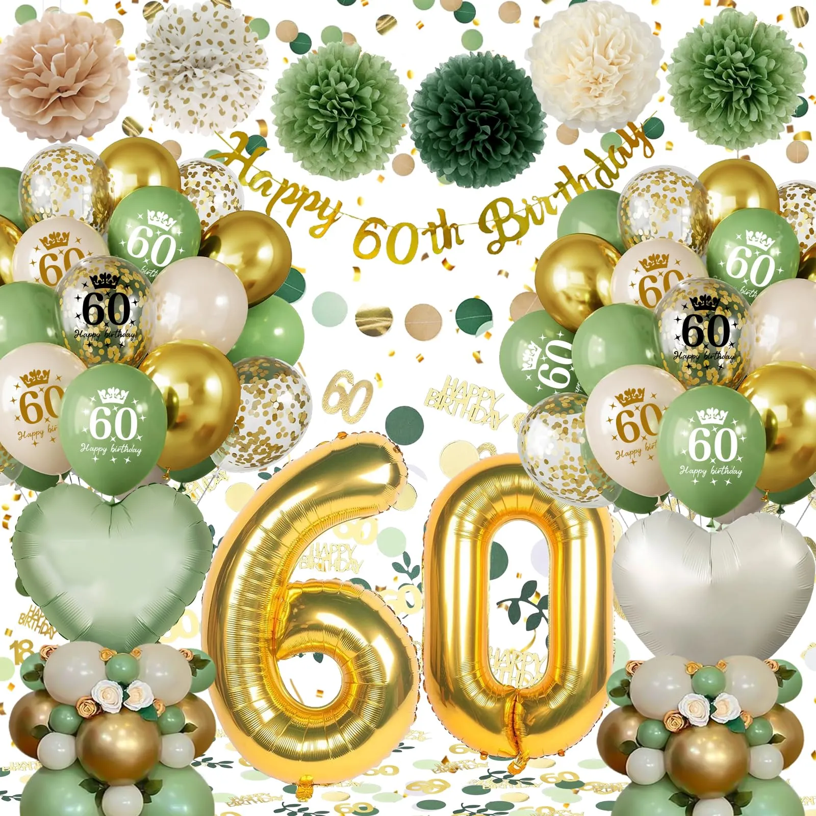 Almaxi Decorazioni 60 Anni Compleanno Oro e Verde Salvia, Set Palloncini, Striscione e Accessori per Uomo e Donna - immagine 1