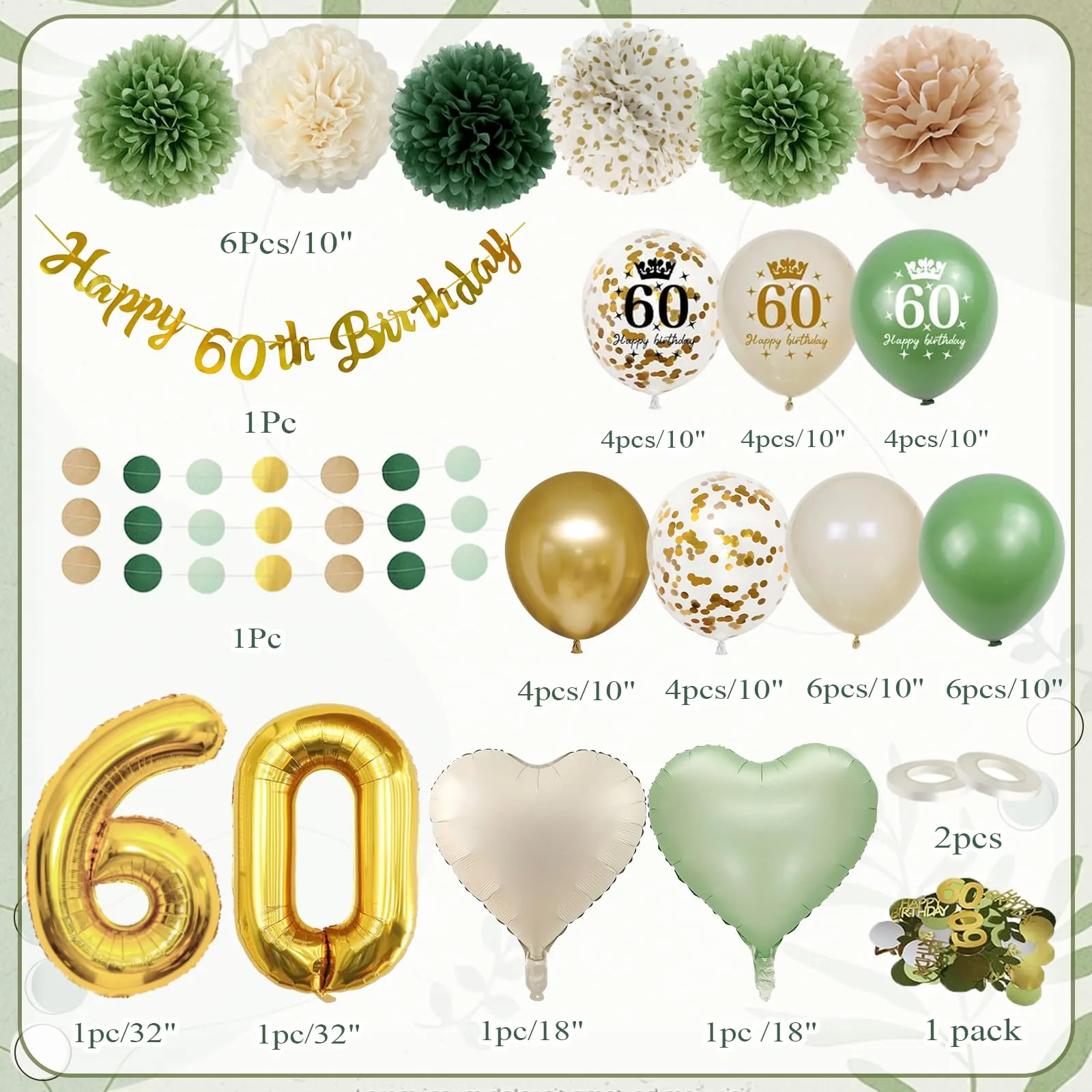 Almaxi Decorazioni 60 Anni Compleanno Oro e Verde Salvia, Set Palloncini, Striscione e Accessori per Uomo e Donna - immagine 2