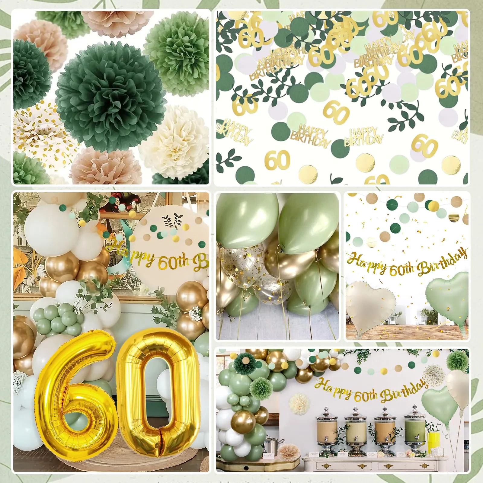 Almaxi Decorazioni 60 Anni Compleanno Oro e Verde Salvia, Set Palloncini, Striscione e Accessori per Uomo e Donna - immagine 3