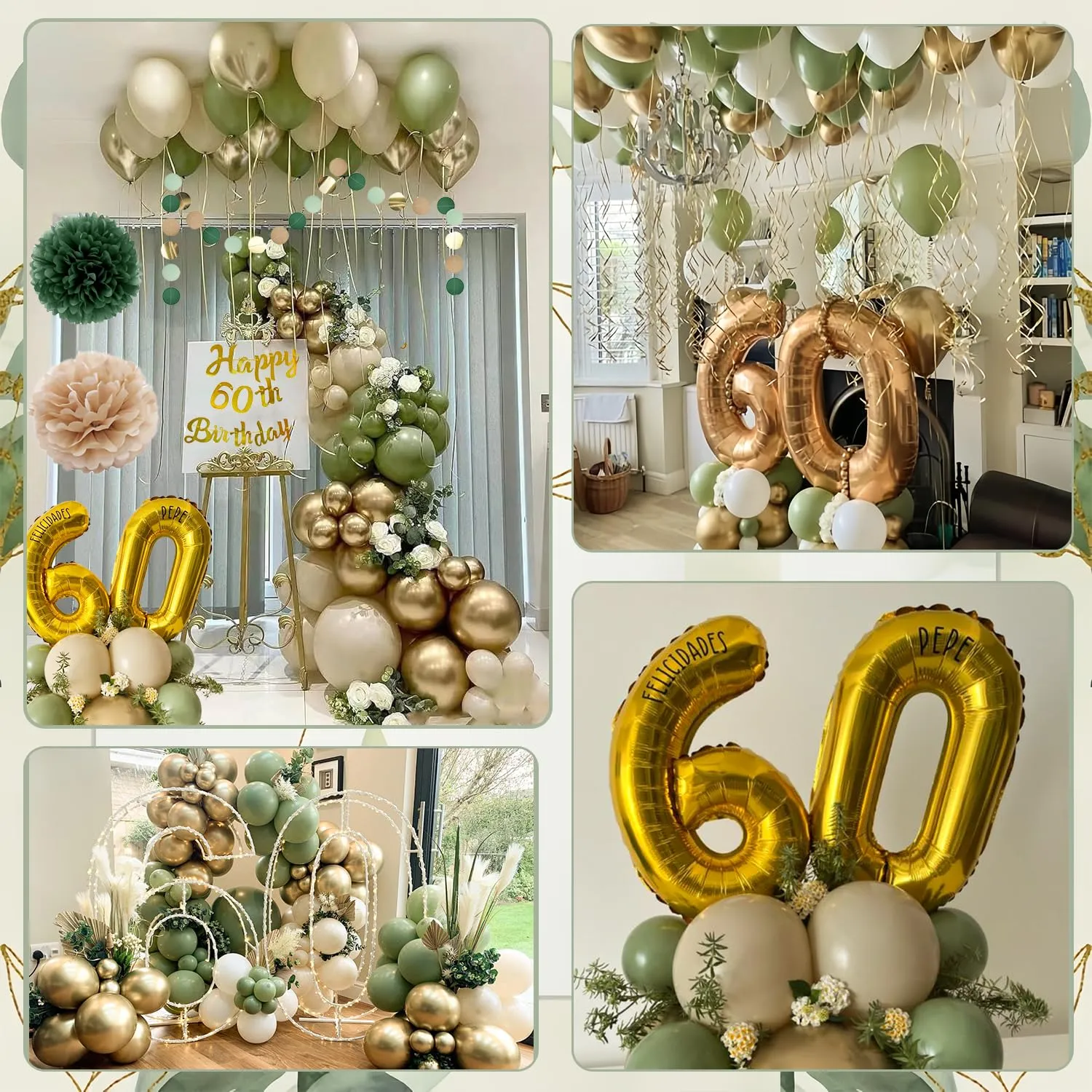 Almaxi Decorazioni 60 Anni Compleanno Oro e Verde Salvia, Set Palloncini, Striscione e Accessori per Uomo e Donna - immagine 4