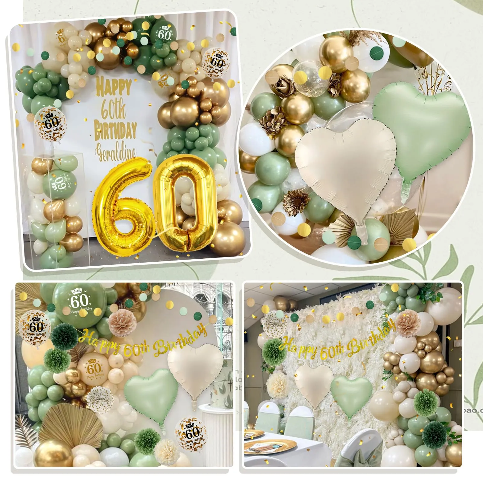 Almaxi Decorazioni 60 Anni Compleanno Oro e Verde Salvia, Set Palloncini, Striscione e Accessori per Uomo e Donna - immagine 5