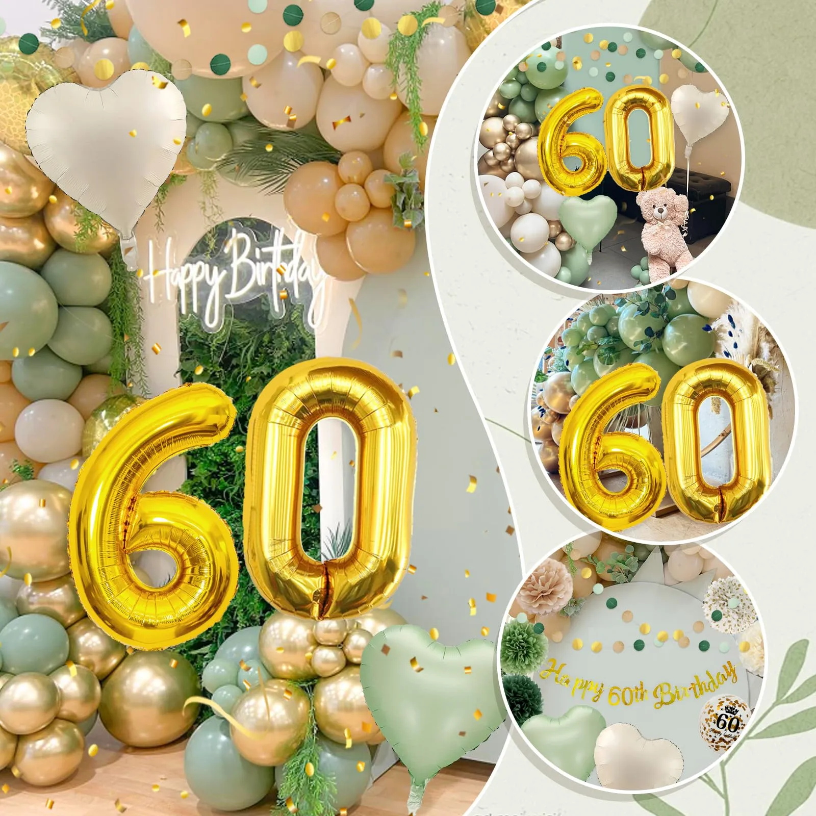 Almaxi Decorazioni 60 Anni Compleanno Oro e Verde Salvia, Set Palloncini, Striscione e Accessori per Uomo e Donna - immagine 6