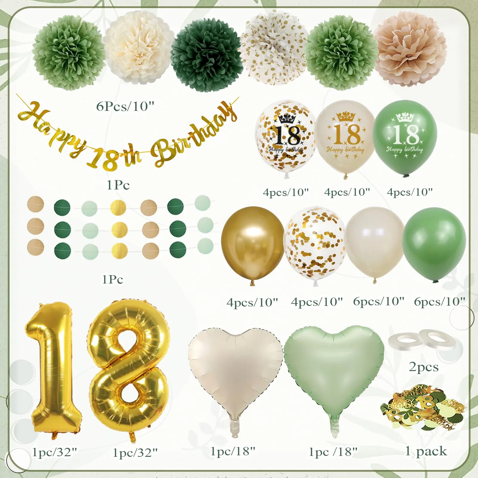 Almaxi Decorazioni Compleanno 18 Anni Verde Oro e Bianco, Set Palloncini e Striscione - immagine 2