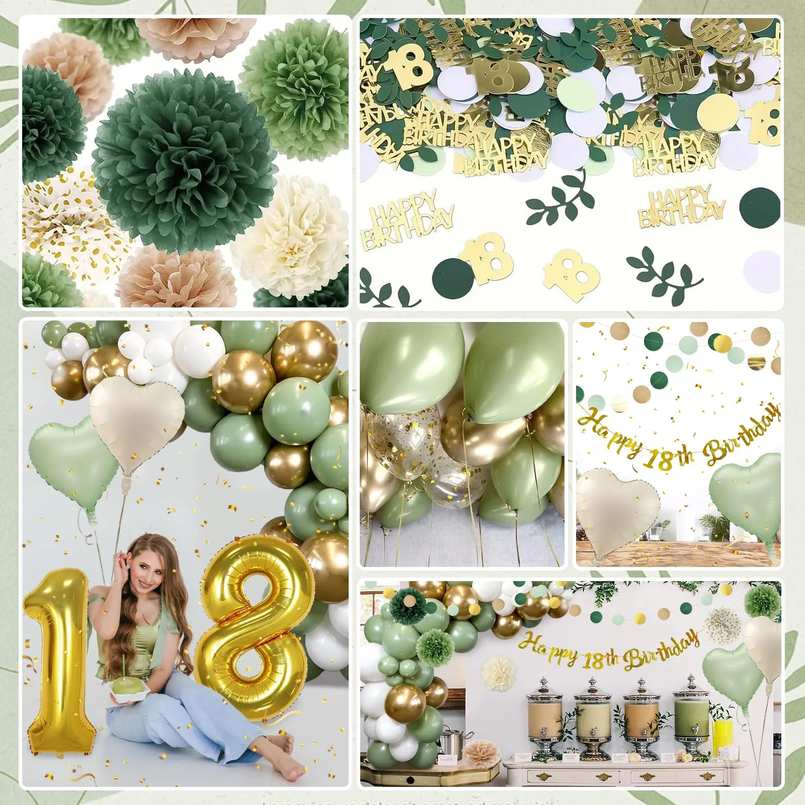 Almaxi Decorazioni Compleanno 18 Anni Verde Oro e Bianco, Set Palloncini e Striscione - immagine 3