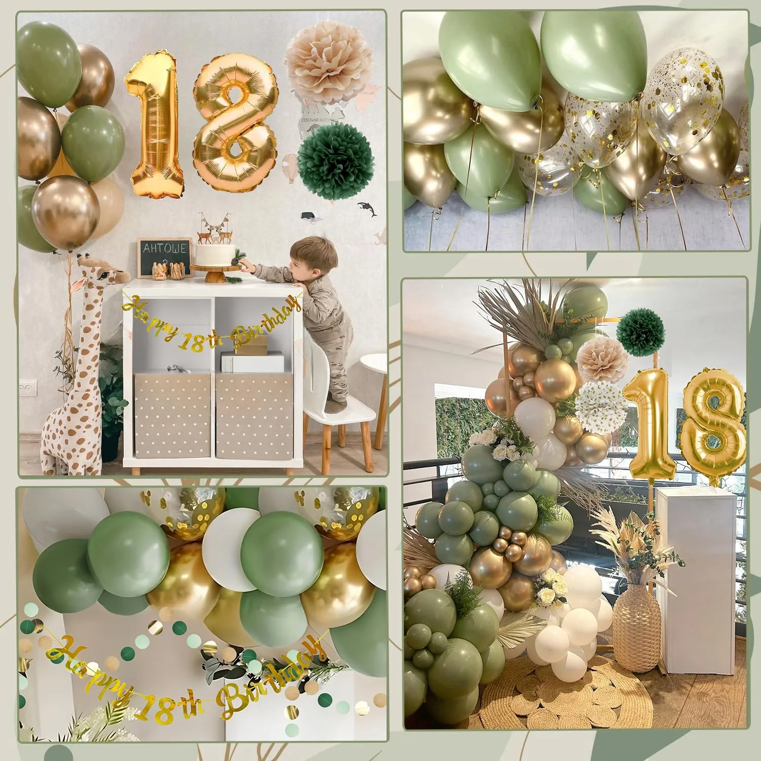 Almaxi Decorazioni Compleanno 18 Anni Verde Oro e Bianco, Set Palloncini e Striscione - immagine 4
