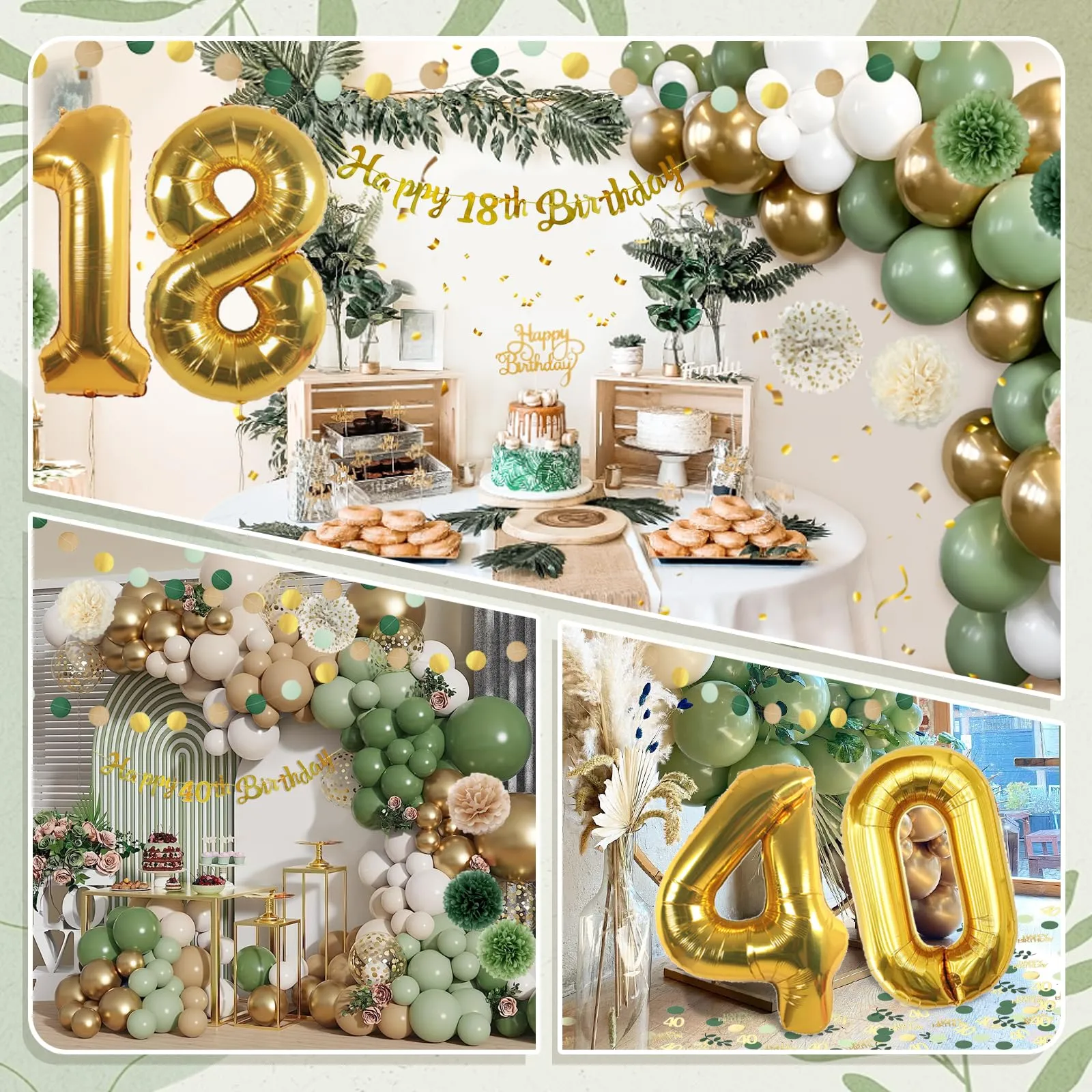 Almaxi Decorazioni Compleanno 18 Anni Verde Oro e Bianco, Set Palloncini e Striscione - immagine 5