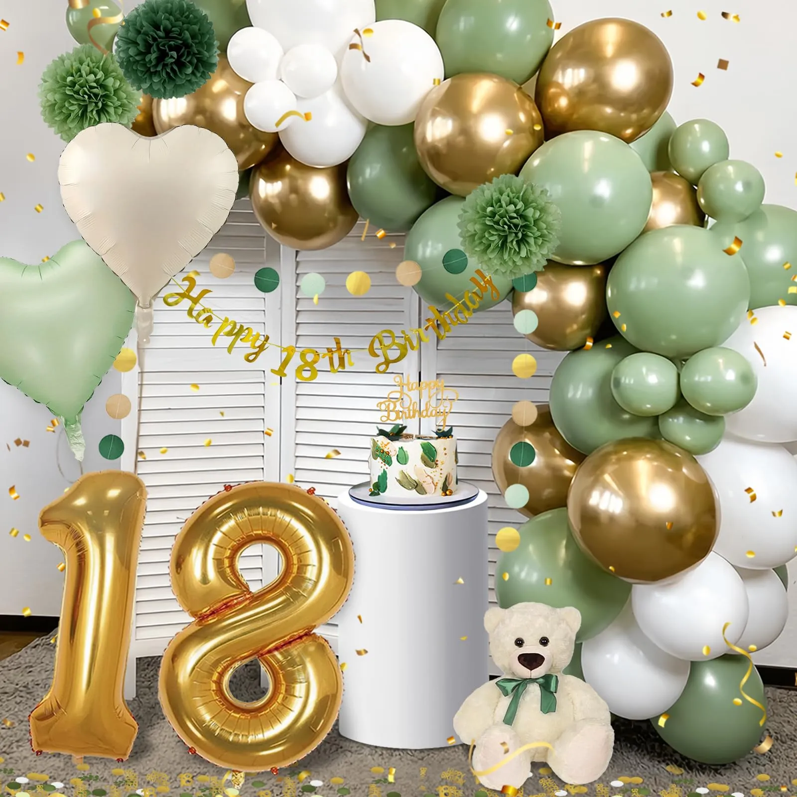 Almaxi Decorazioni Compleanno 18 Anni Verde Oro e Bianco, Set Palloncini e Striscione - immagine 6