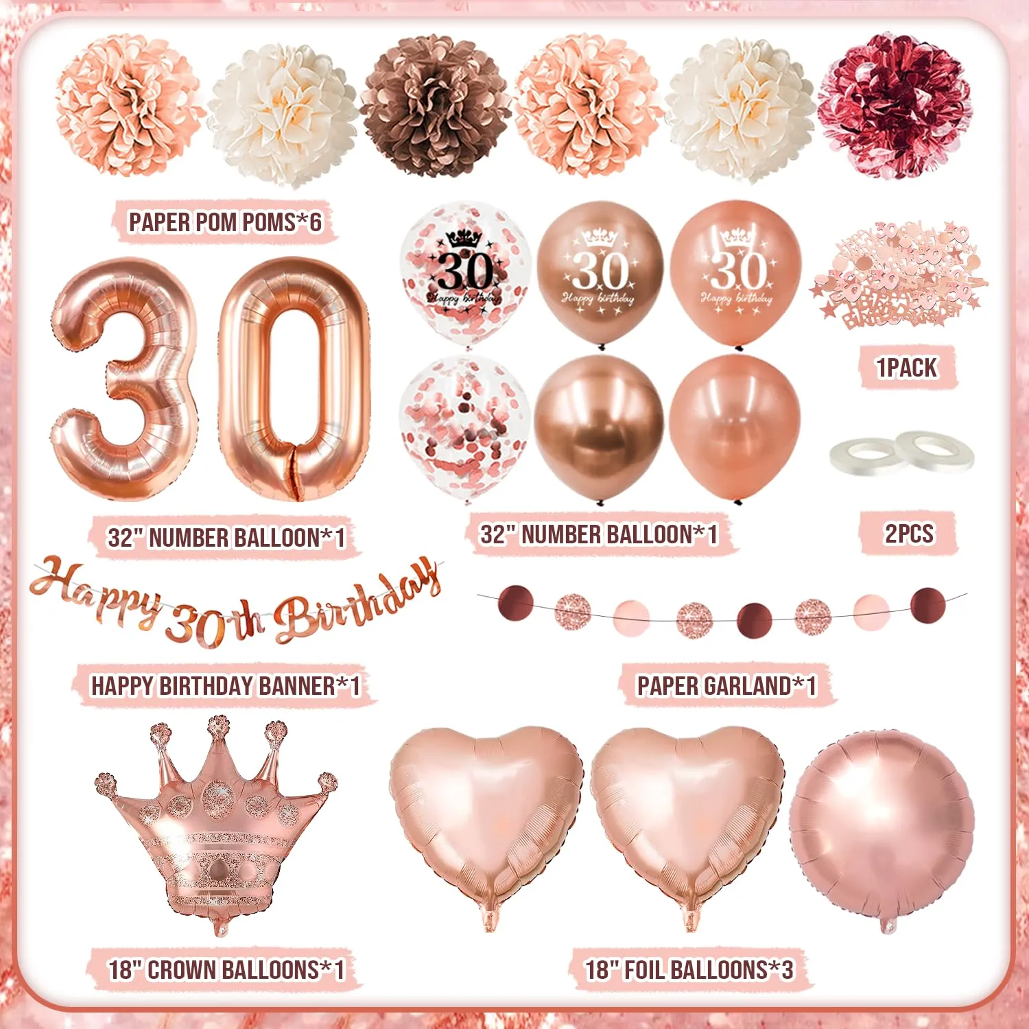 Almaxi Set Decorazioni 30 Anni Compleanno Donna Oro Rosa - immagine 2