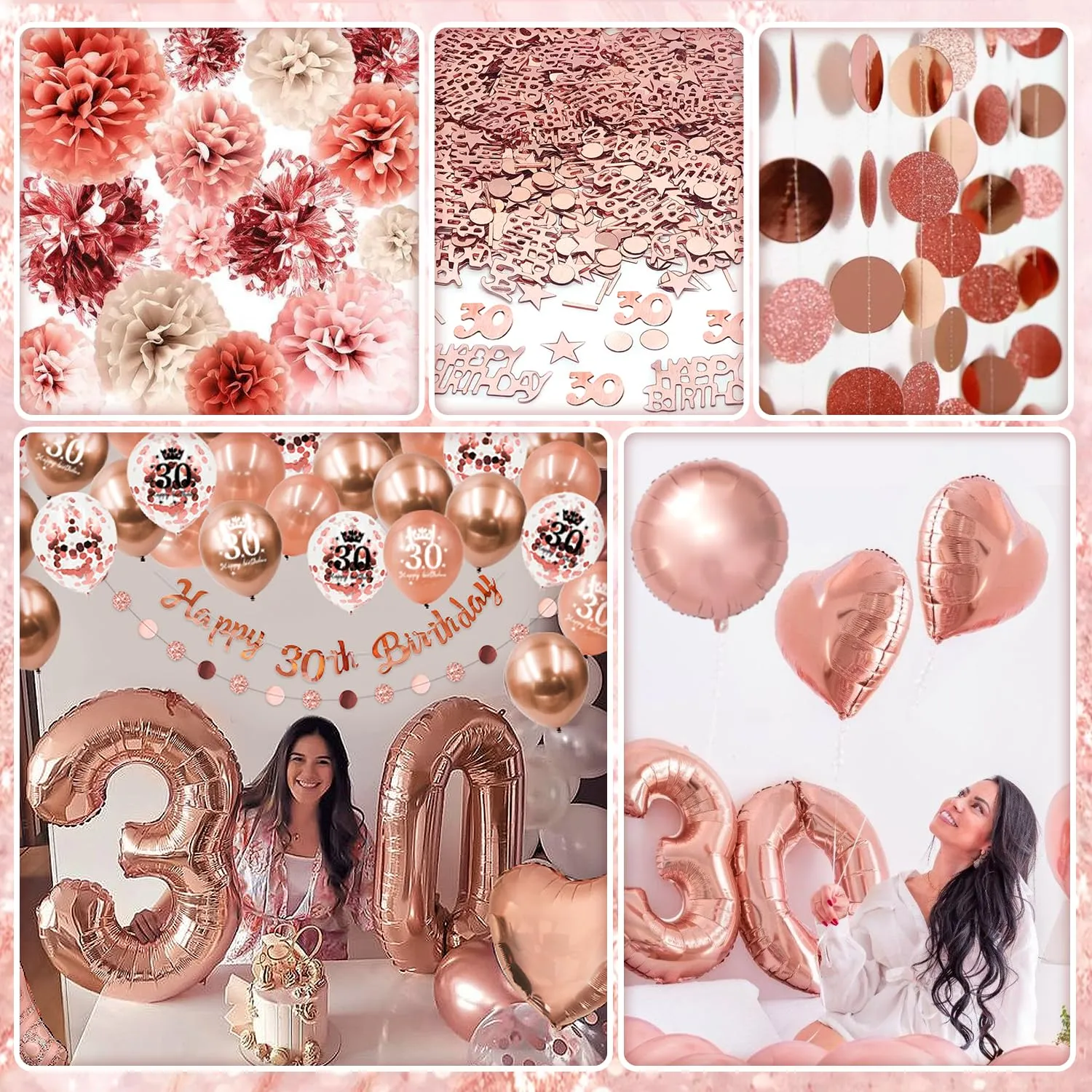 Almaxi Set Decorazioni 30 Anni Compleanno Donna Oro Rosa - immagine 4