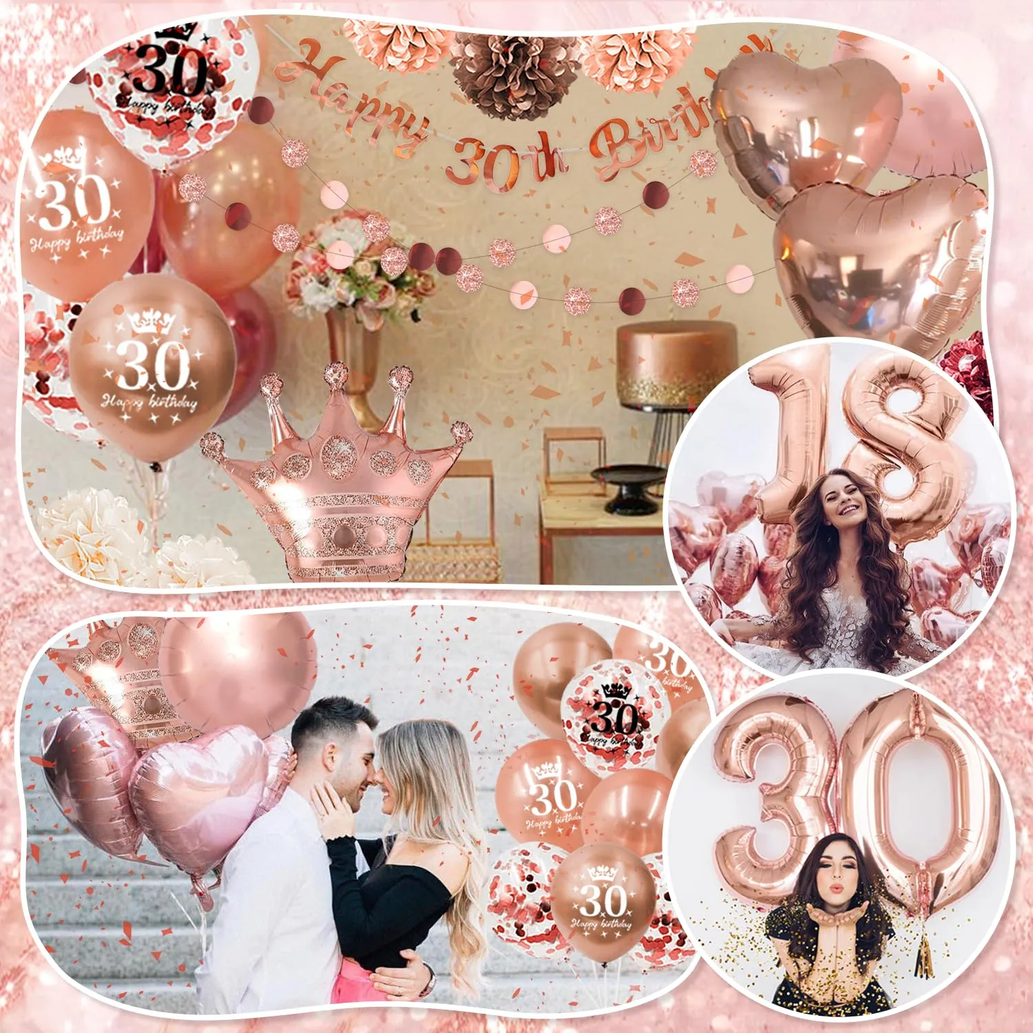 Almaxi Set Decorazioni 30 Anni Compleanno Donna Oro Rosa - immagine 6