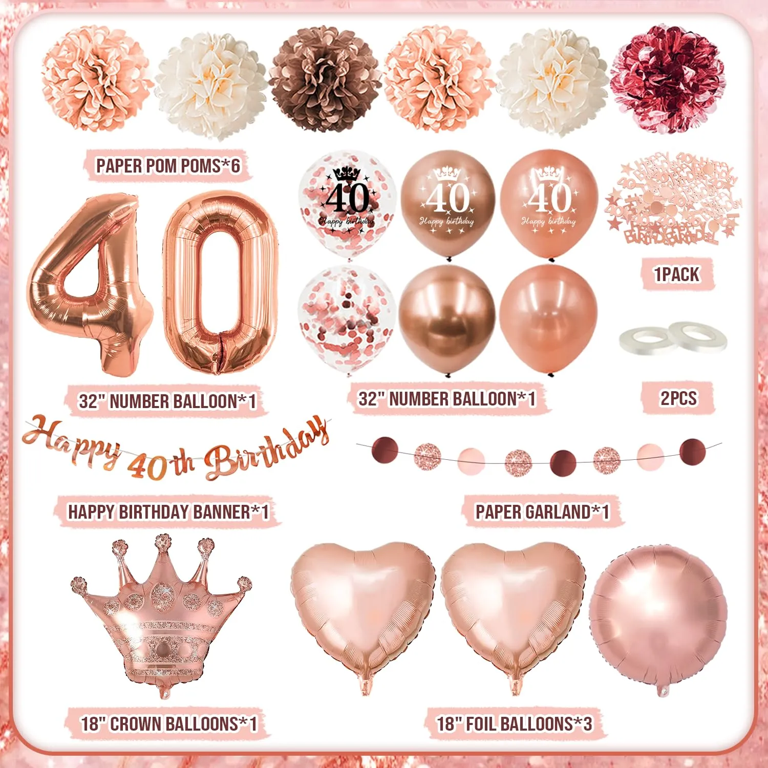 Almaxi Set Decorazioni 40 Anni Compleanno Donna Oro Rosa - immagine 2
