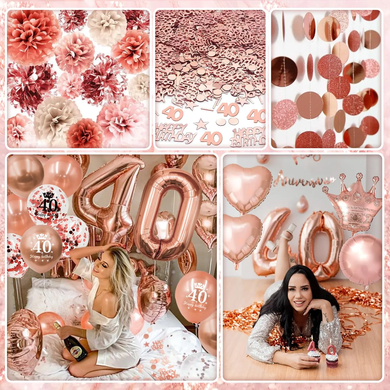 Almaxi Set Decorazioni 40 Anni Compleanno Donna Oro Rosa - immagine 4