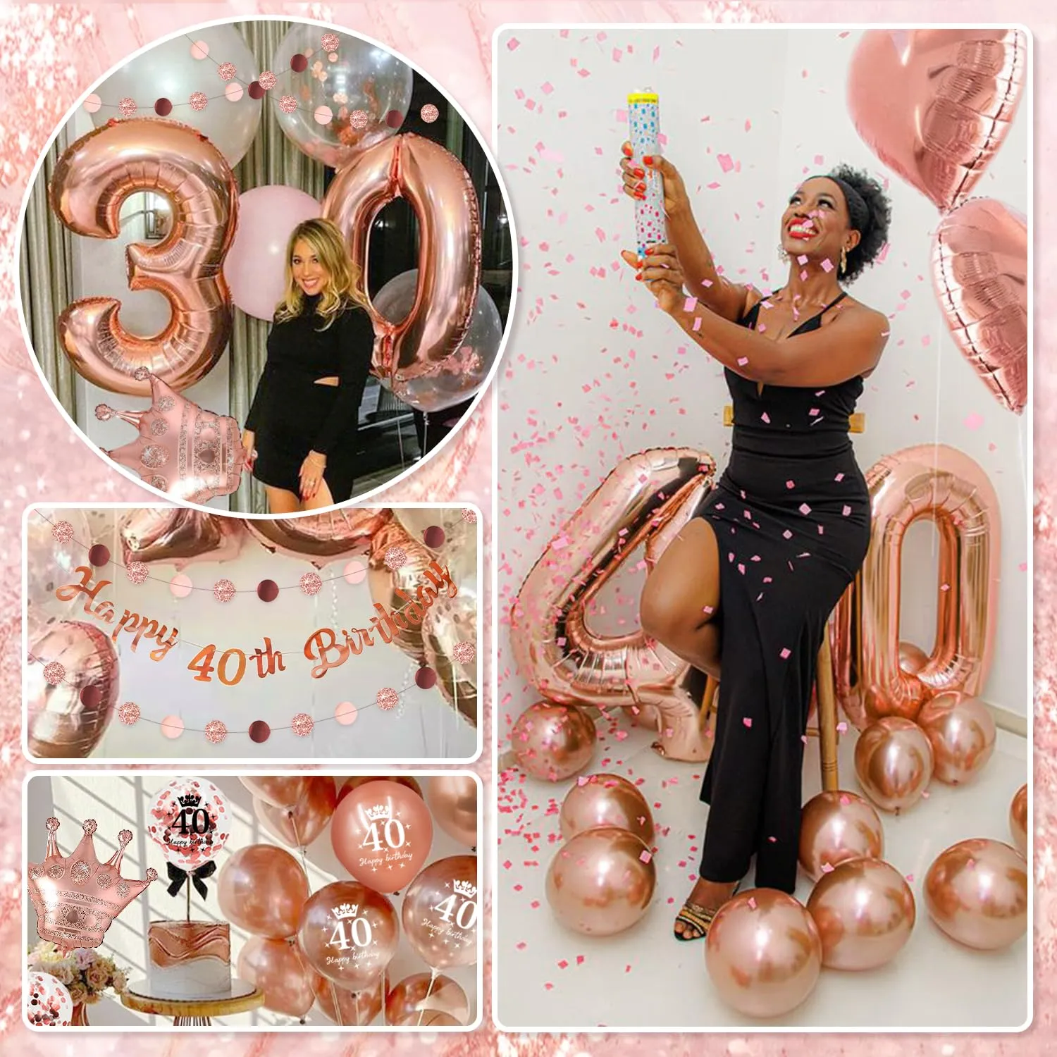 Almaxi Set Decorazioni 40 Anni Compleanno Donna Oro Rosa - immagine 5