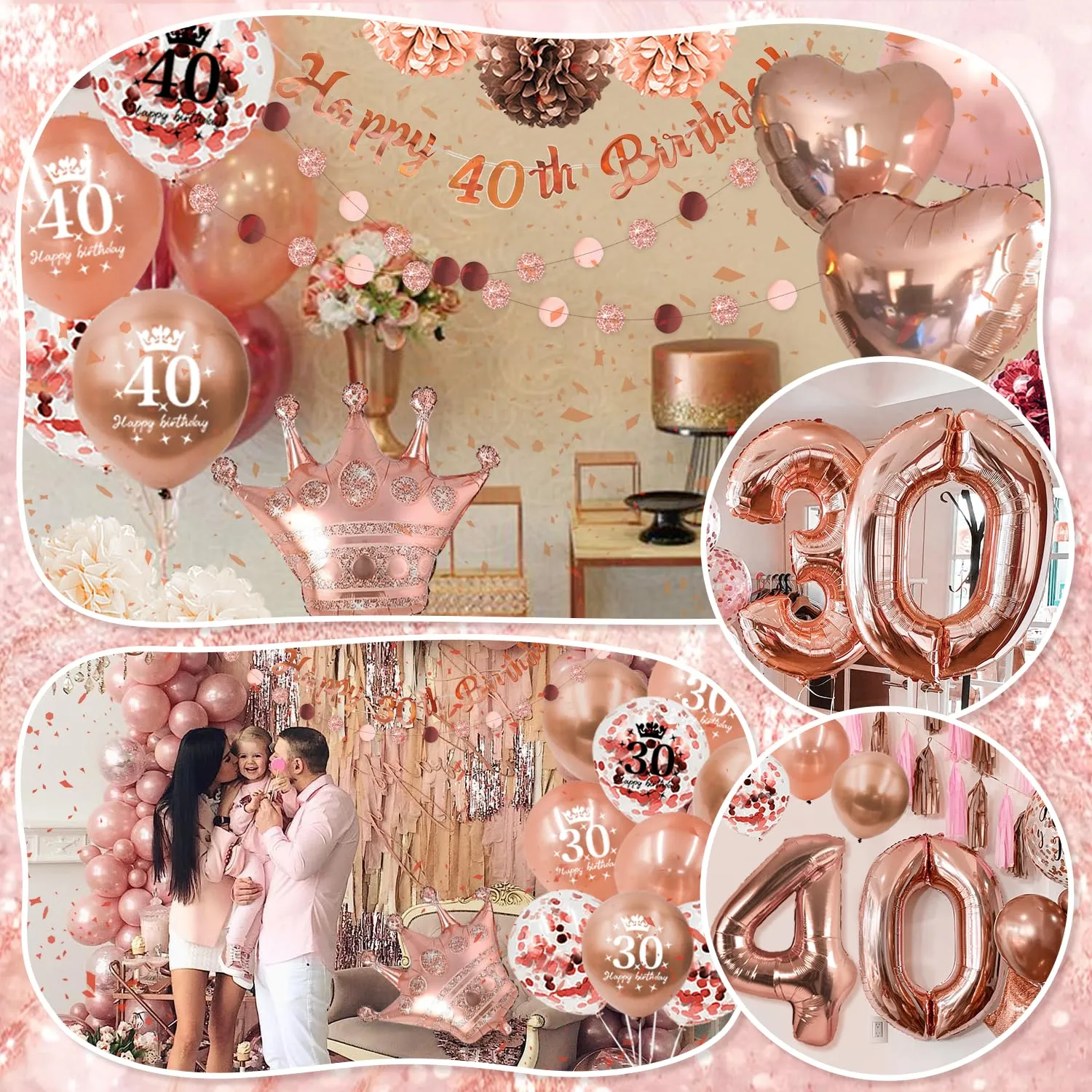 Almaxi Set Decorazioni 40 Anni Compleanno Donna Oro Rosa - immagine 6