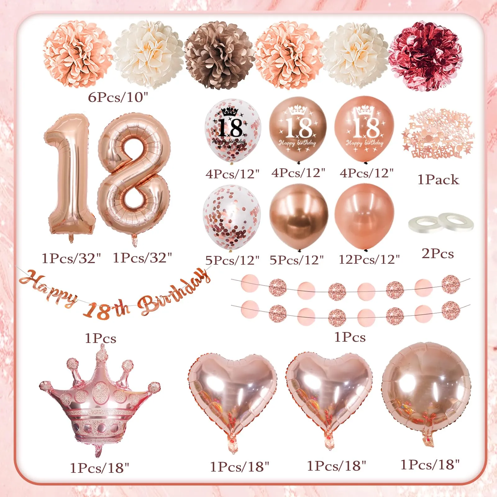 Almaxi Palloncini e Decorazioni 18 Anni Compleanno Oro Rosa per Ragazza - immagine 2