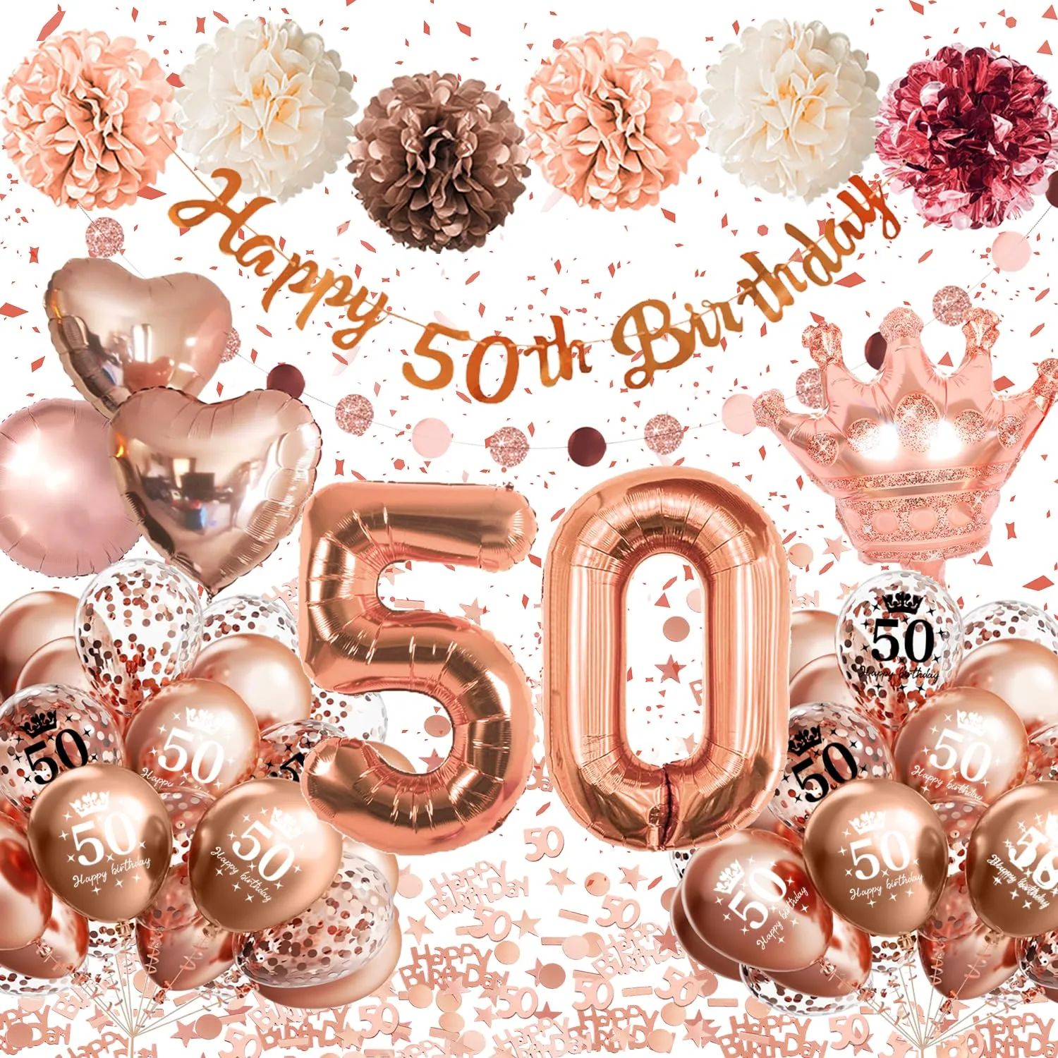 Almaxi Set Decorazioni 50 Anni Compleanno Donna Oro Rosa con Palloncini e Striscione - immagine 1