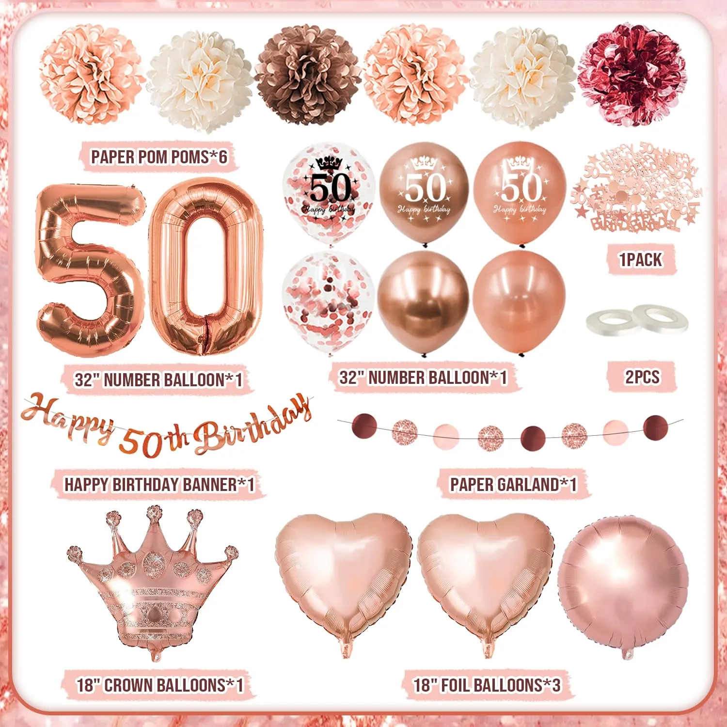 Almaxi Set Decorazioni 50 Anni Compleanno Donna Oro Rosa con Palloncini e Striscione - immagine 2