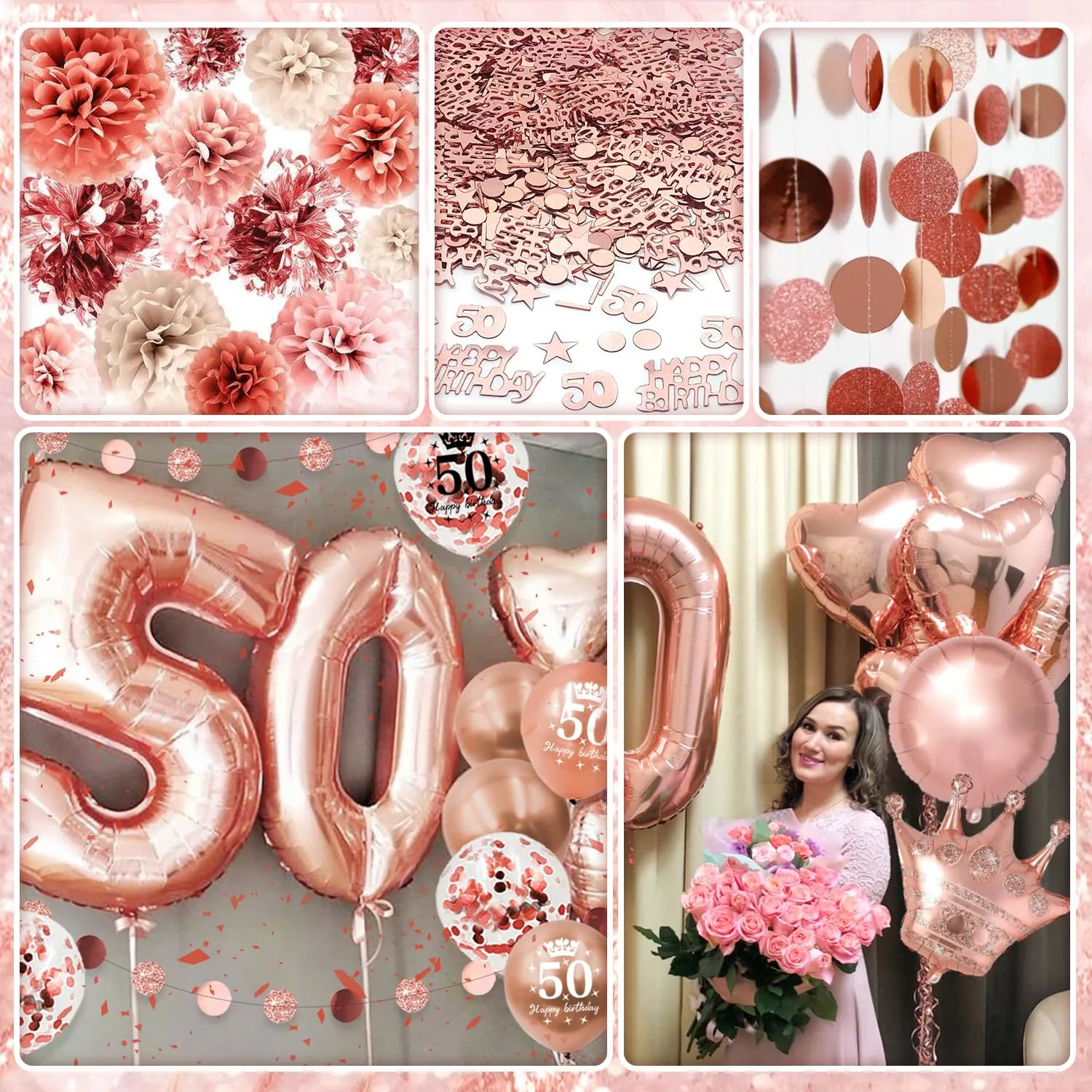 Almaxi Set Decorazioni 50 Anni Compleanno Donna Oro Rosa con Palloncini e Striscione - immagine 4