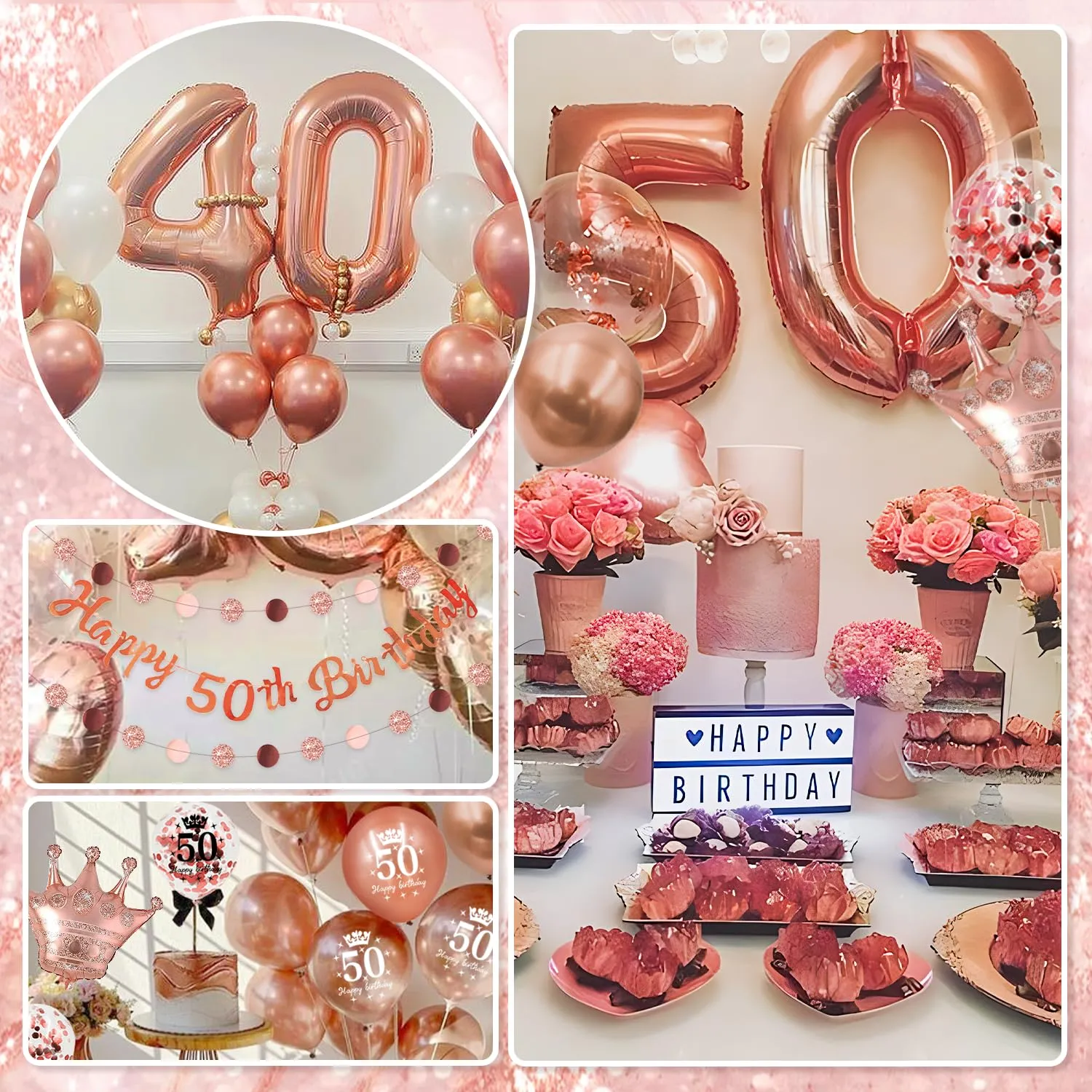 Almaxi Set Decorazioni 50 Anni Compleanno Donna Oro Rosa con Palloncini e Striscione - immagine 5