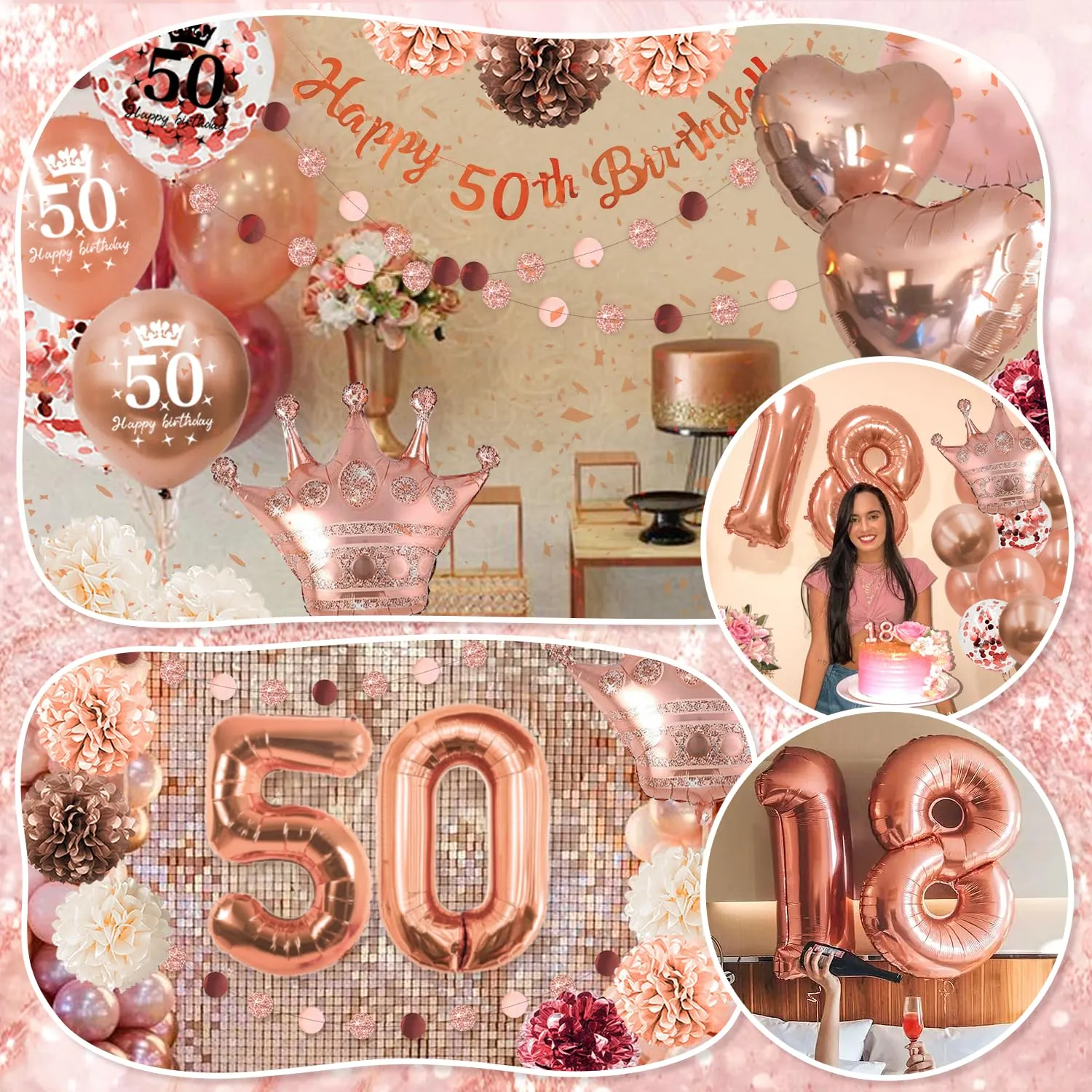Almaxi Set Decorazioni 50 Anni Compleanno Donna Oro Rosa con Palloncini e Striscione - immagine 6