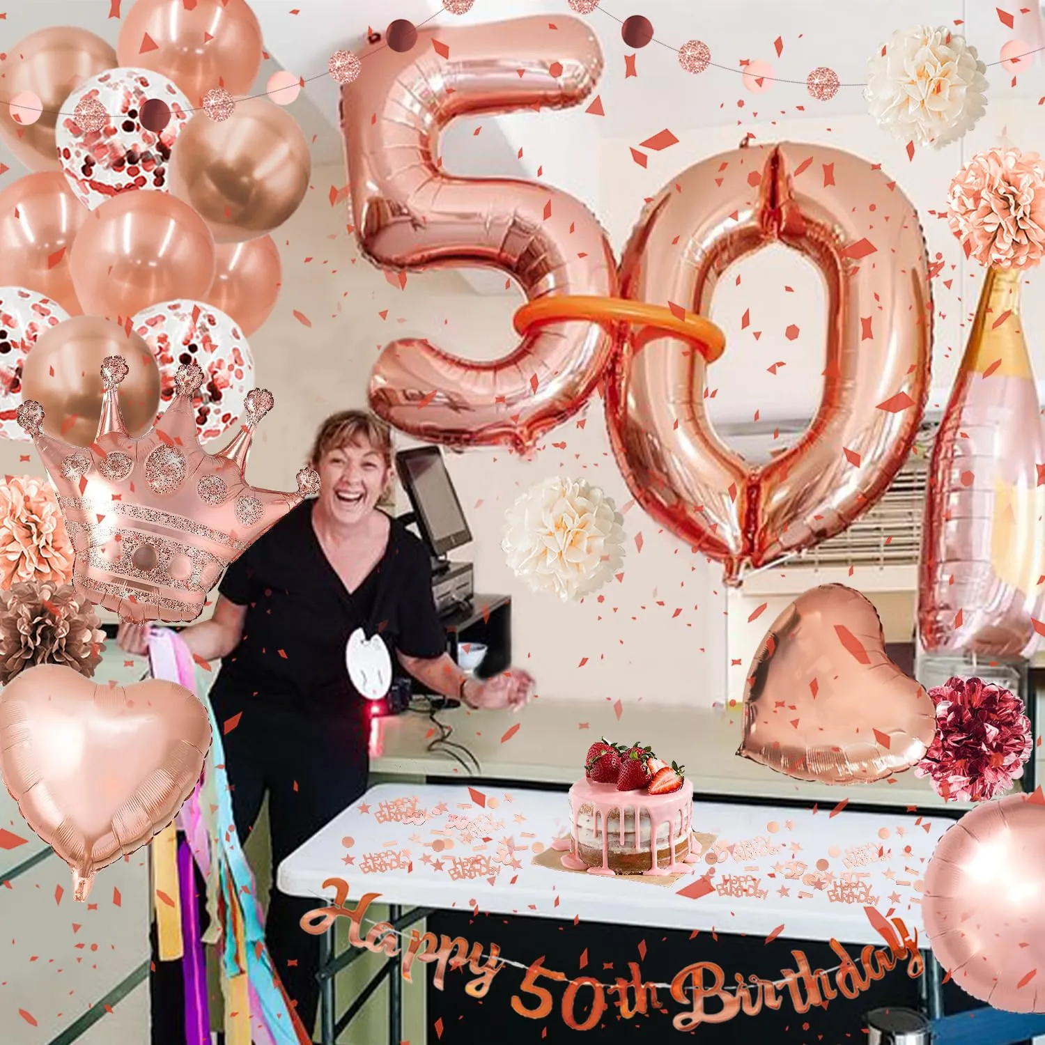 Almaxi Set Decorazioni 50 Anni Compleanno Donna Oro Rosa con Palloncini e Striscione - immagine 7