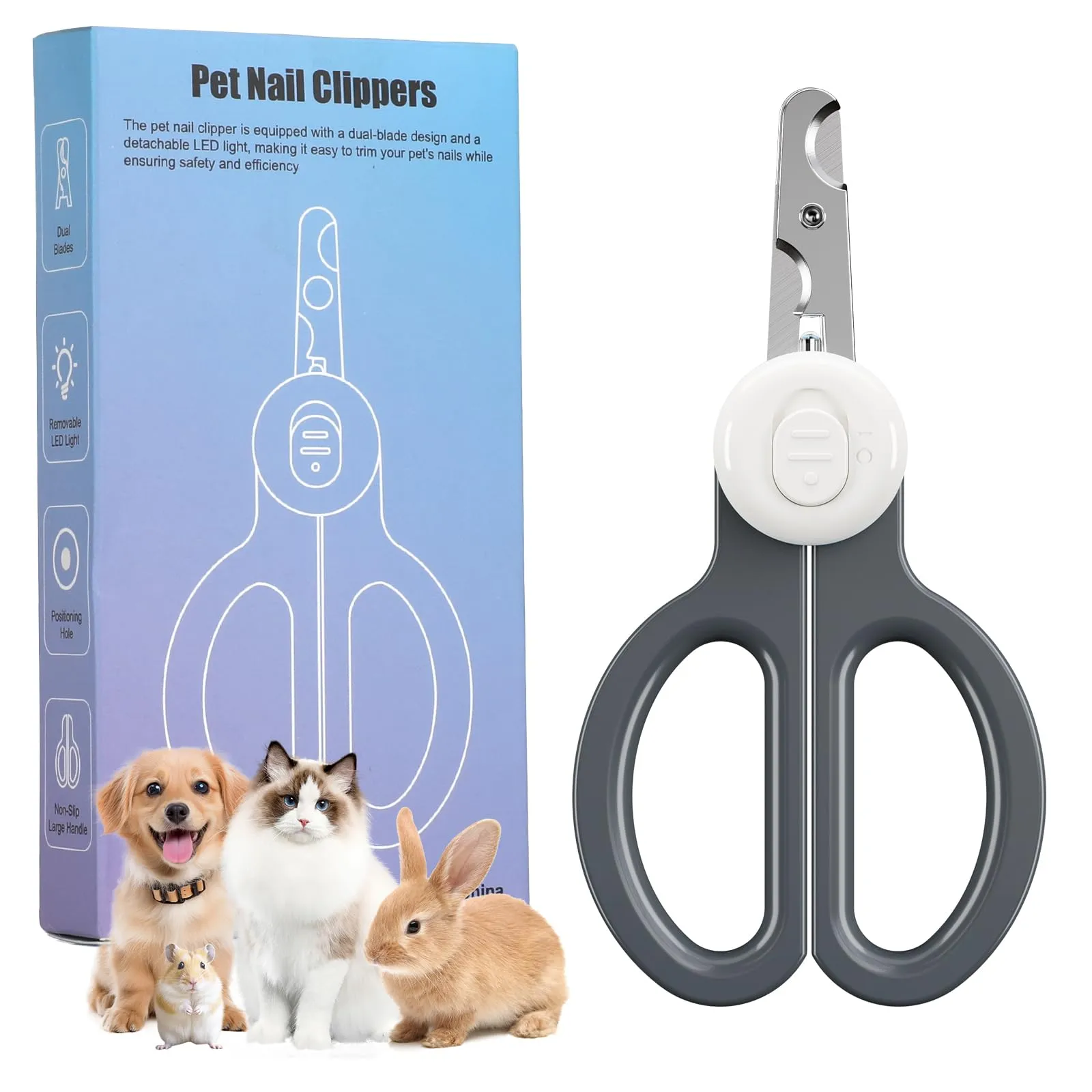 Euqvunn Tagliaunghie per Gatti e Piccoli Animali con Doppia Lama e Luce LED (Grigio Bianco) - immagine 1