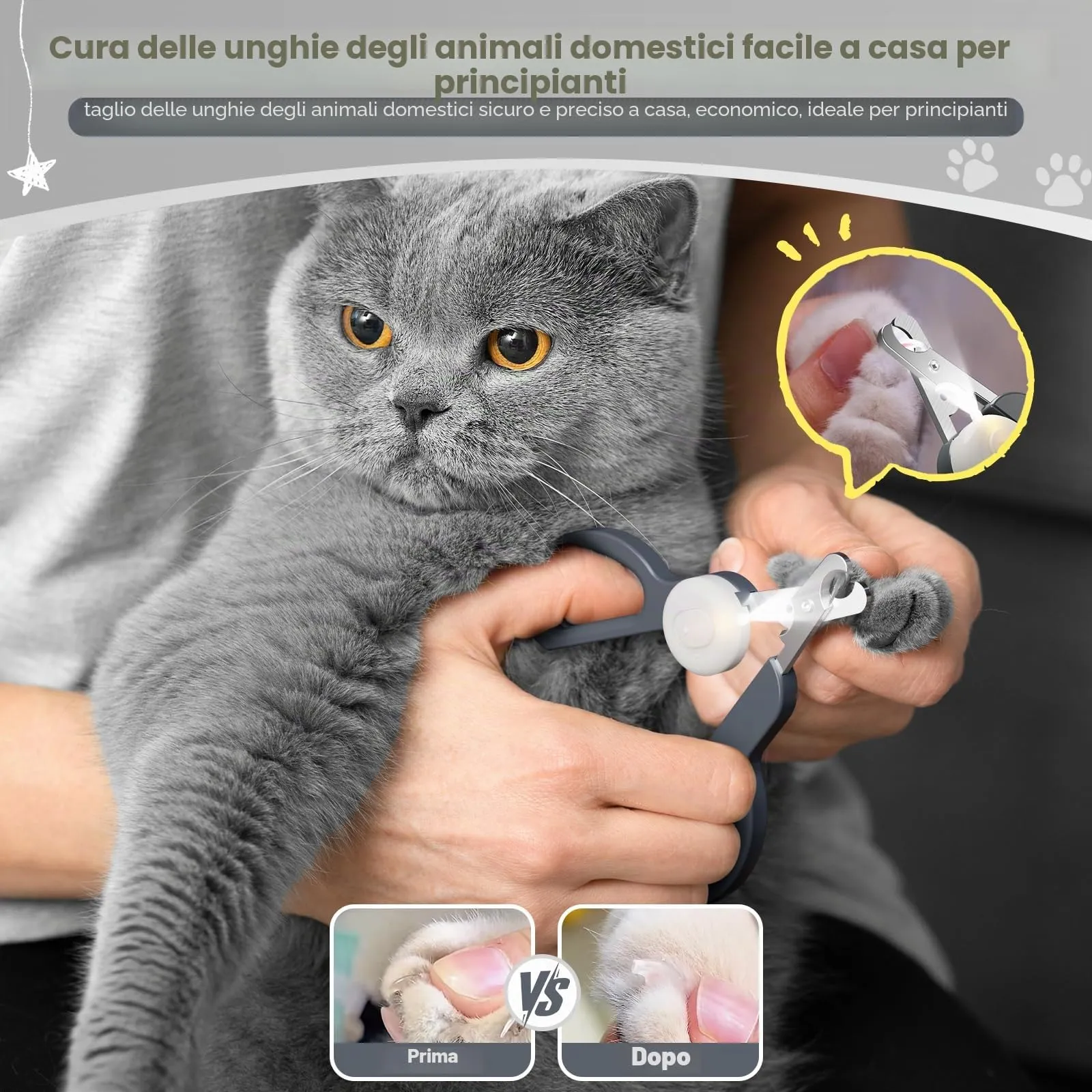 Euqvunn Tagliaunghie per Gatti e Piccoli Animali con Doppia Lama e Luce LED (Grigio Bianco) - immagine 2