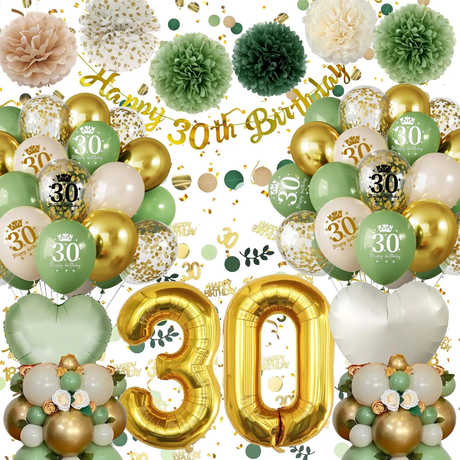 Almaxi Set Decorazioni 30 Anni Compleanno Oro e Verde Salvia con Palloncini, Striscione e Pompon - immagine 1