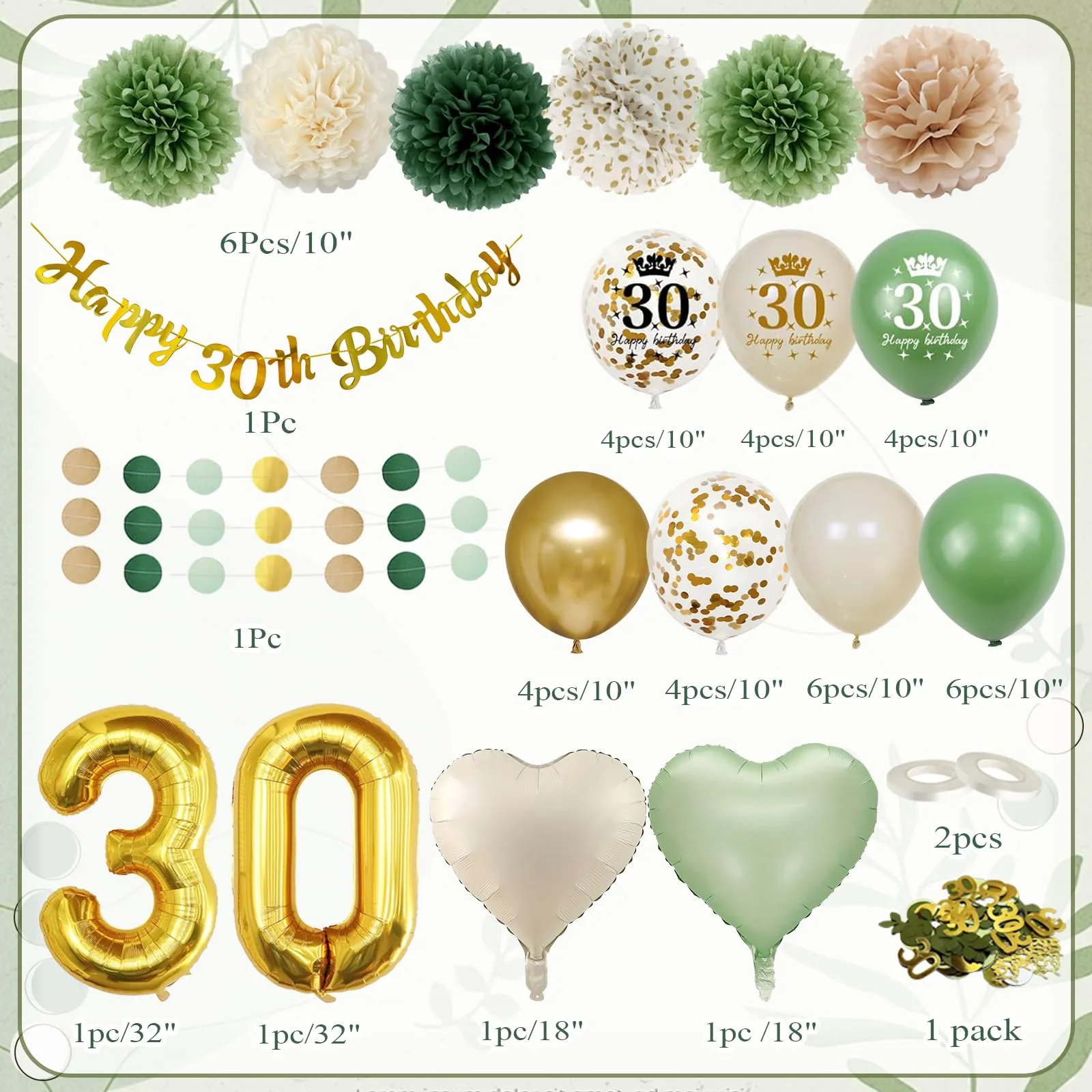 Almaxi Set Decorazioni 30 Anni Compleanno Oro e Verde Salvia con Palloncini, Striscione e Pompon - immagine 2