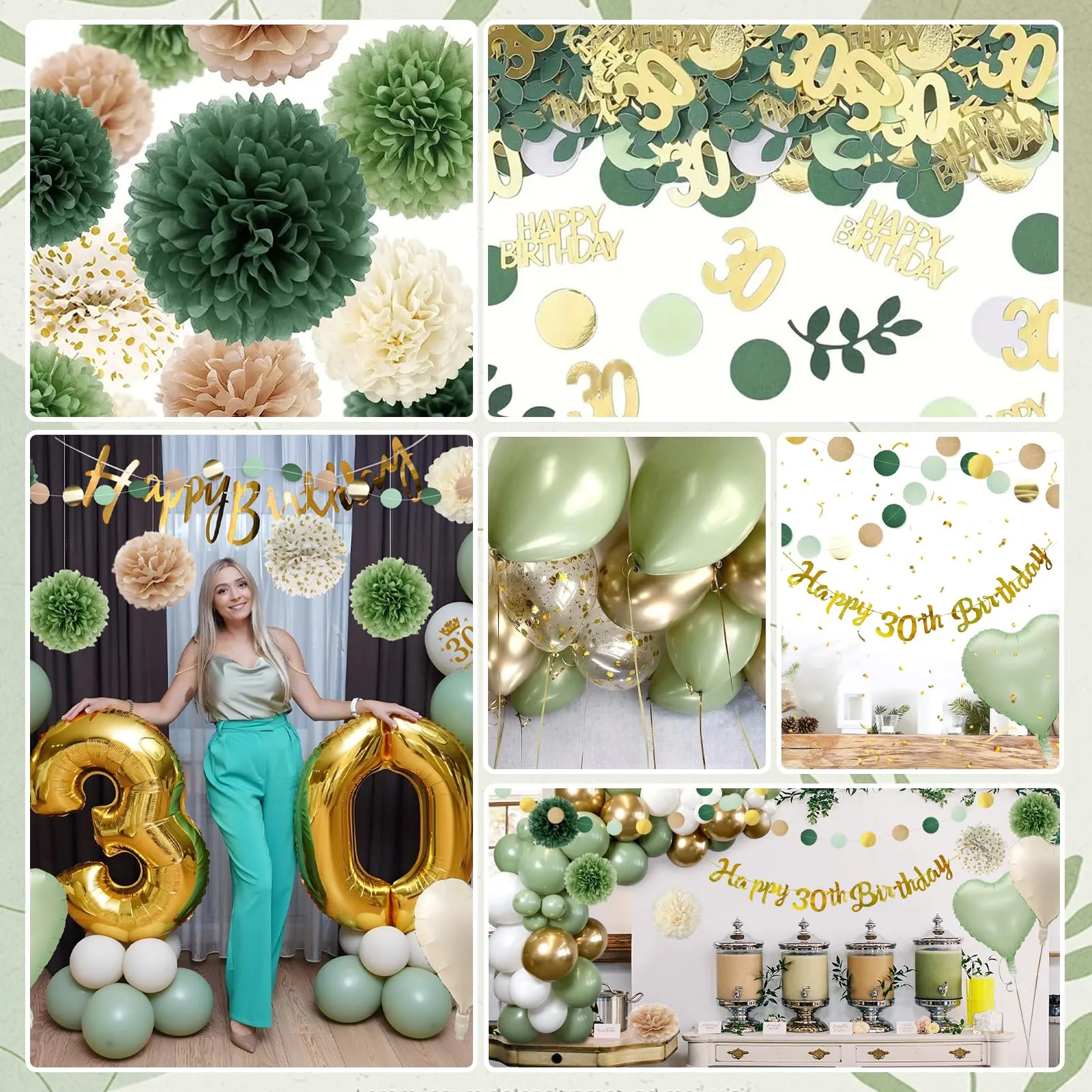 Almaxi Set Decorazioni 30 Anni Compleanno Oro e Verde Salvia con Palloncini, Striscione e Pompon - immagine 3