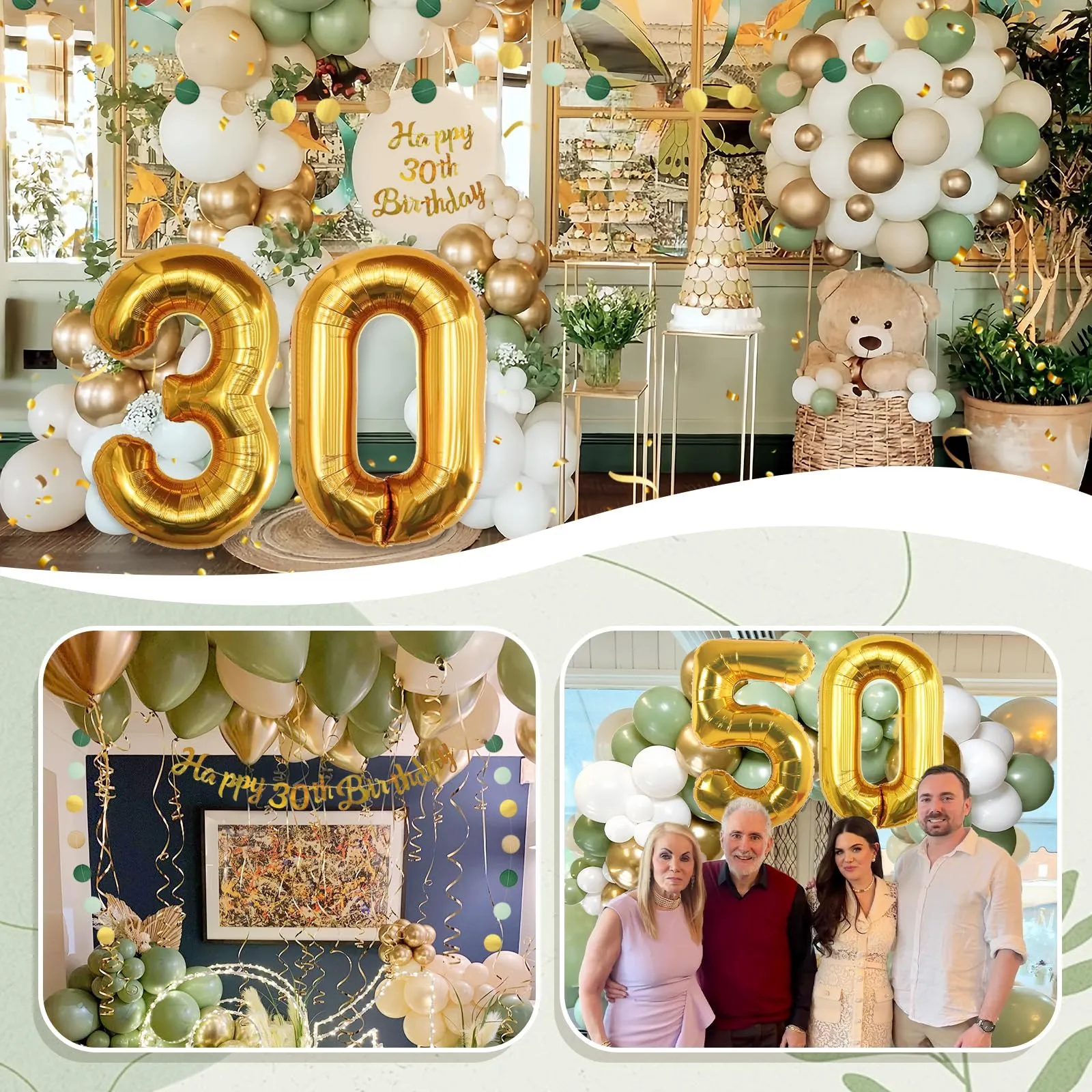 Almaxi Set Decorazioni 30 Anni Compleanno Oro e Verde Salvia con Palloncini, Striscione e Pompon - immagine 4
